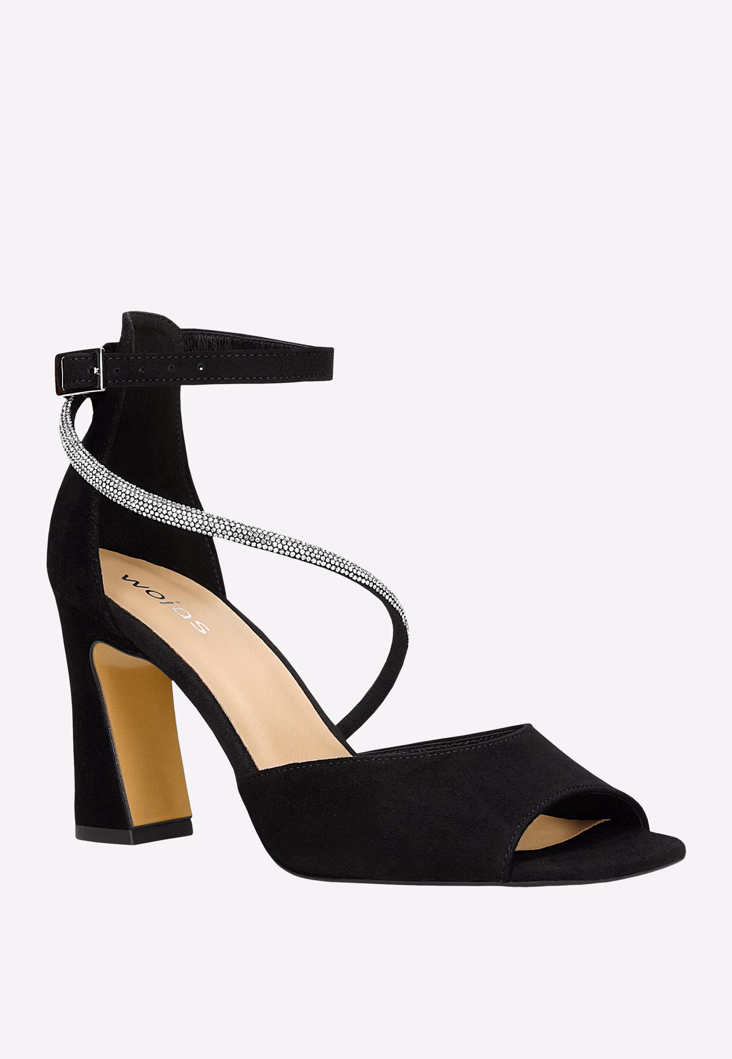 Czarne wieczorowe sandały na słupku z paskiem z kryształkami