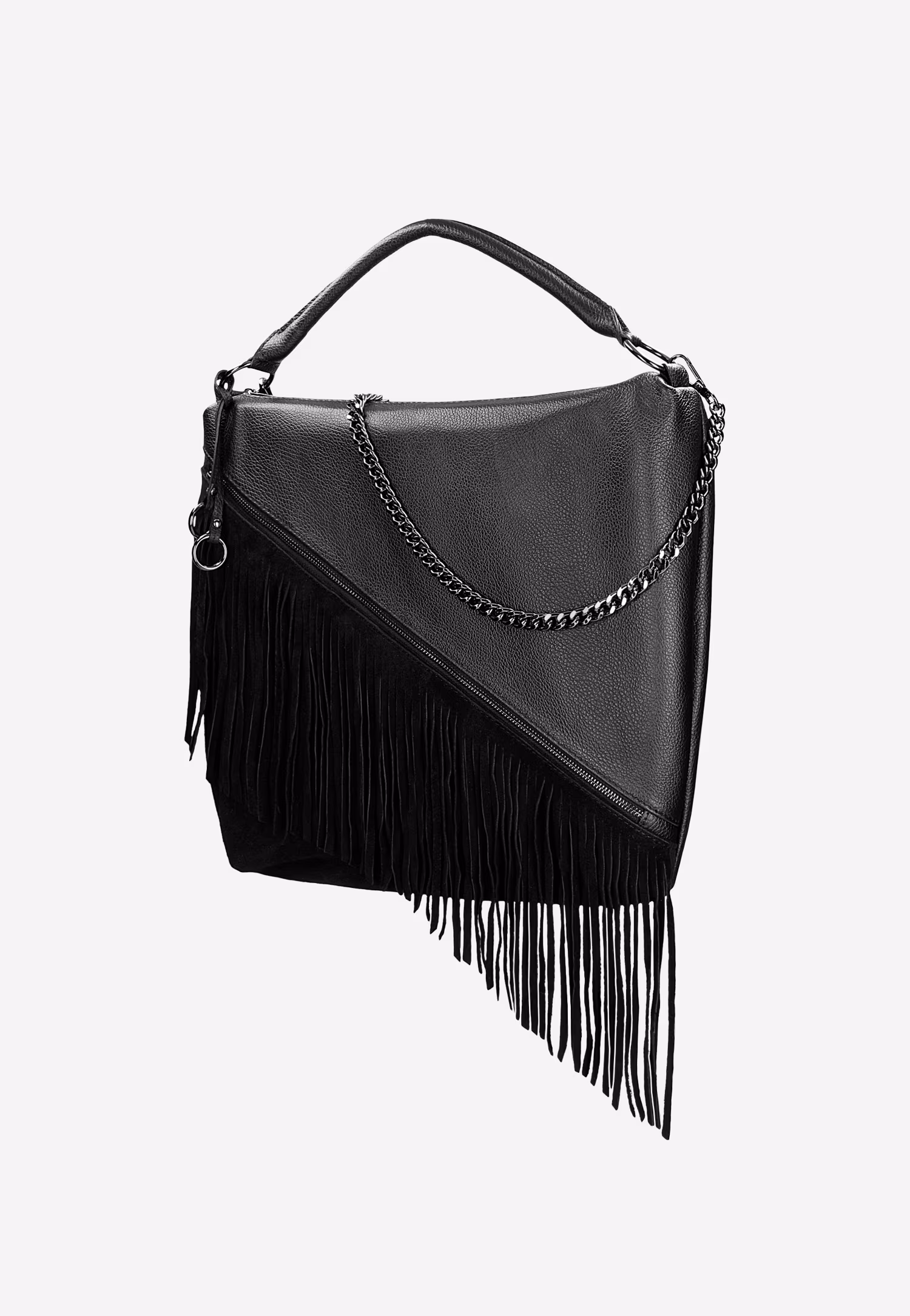 Jasnobrązowa skórzana torebka damska z frędzlami i łańcuchem