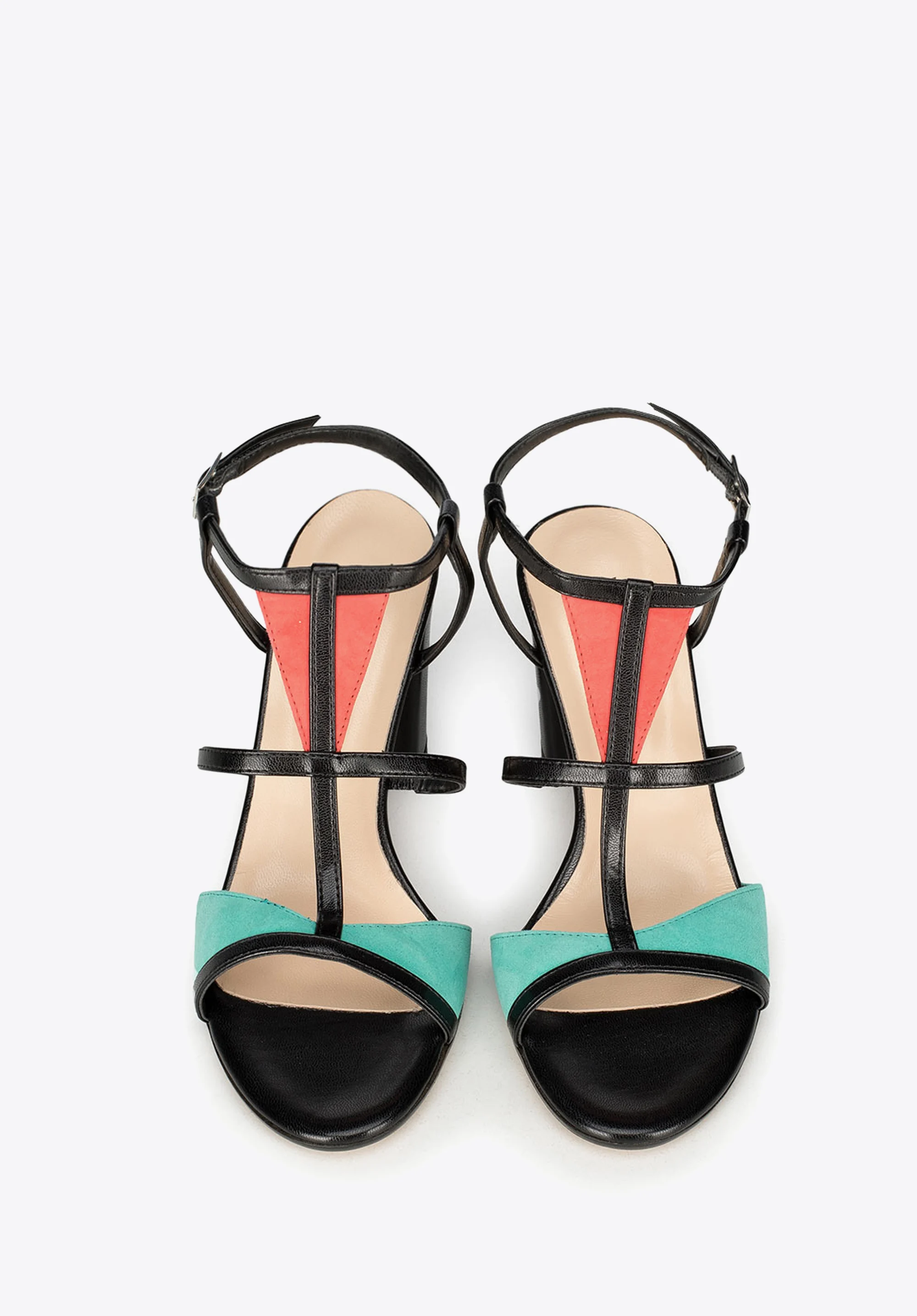 Damskie sandały na słupku skórzane z kolorowymi wstawkami