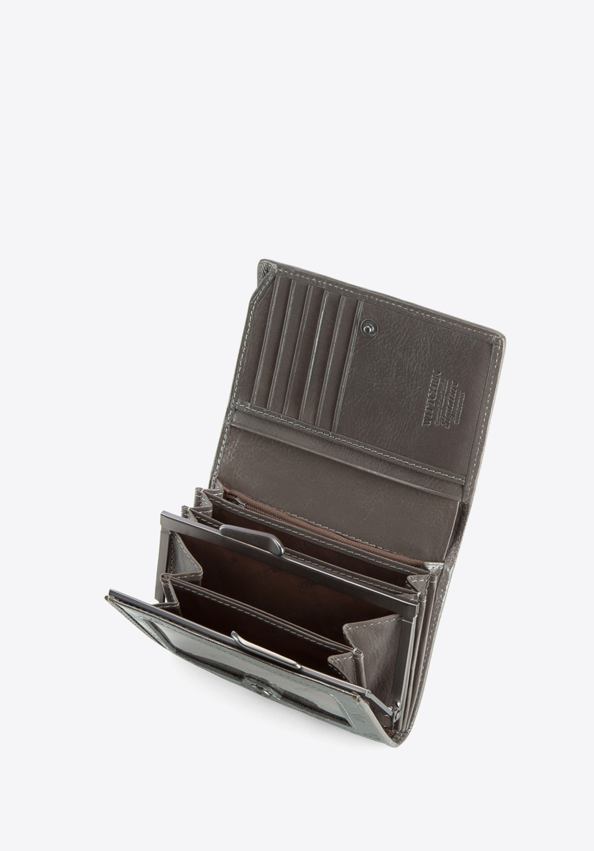 Damski portfel z lakierowanej skóry z monogramem mały