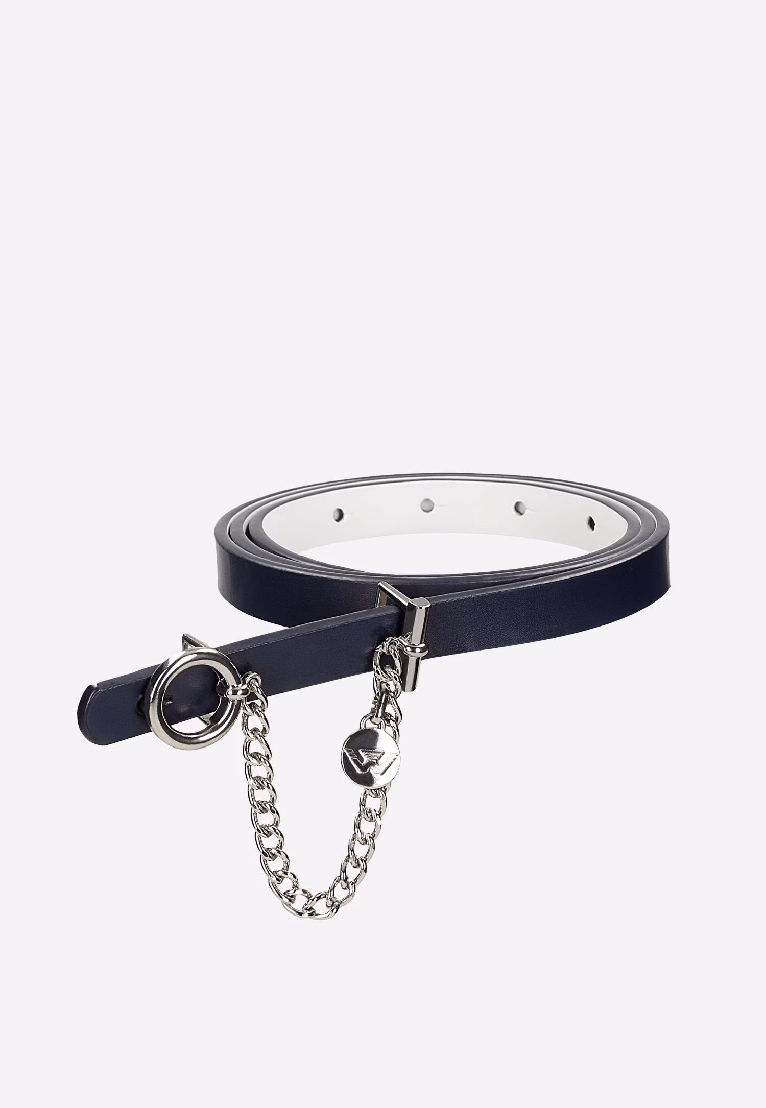 Dwustronny pasek damski granatowo-biały z ozdobnym łańcuszkiem