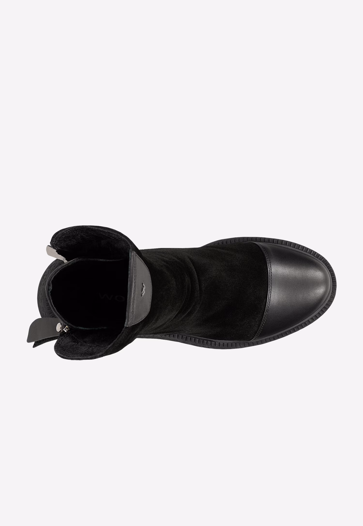 Czarne botki damskie z łączonych skór z ozdobnym zamkiem