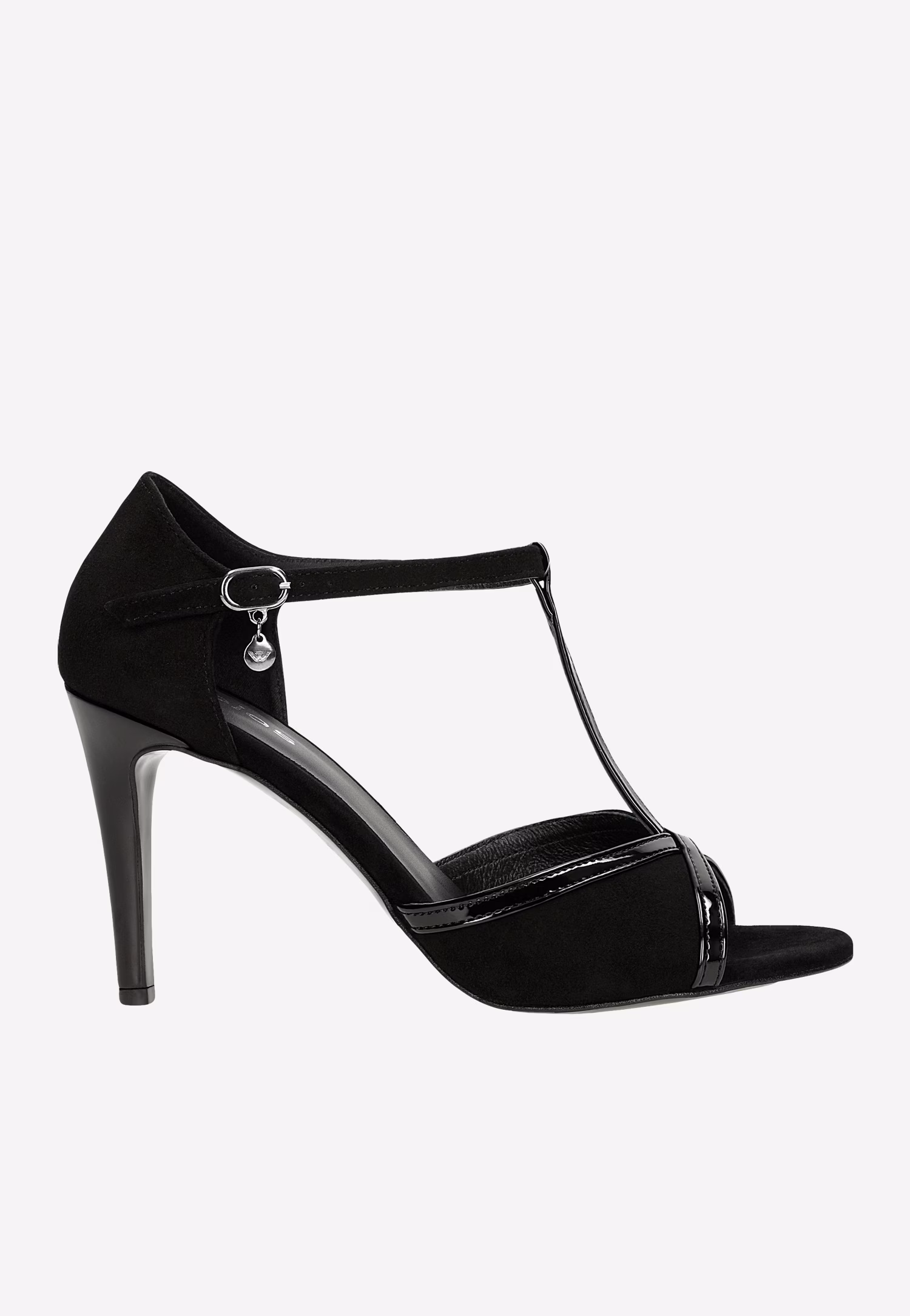 Czarne sandały damskie na szpilce z lakierowanymi elementami