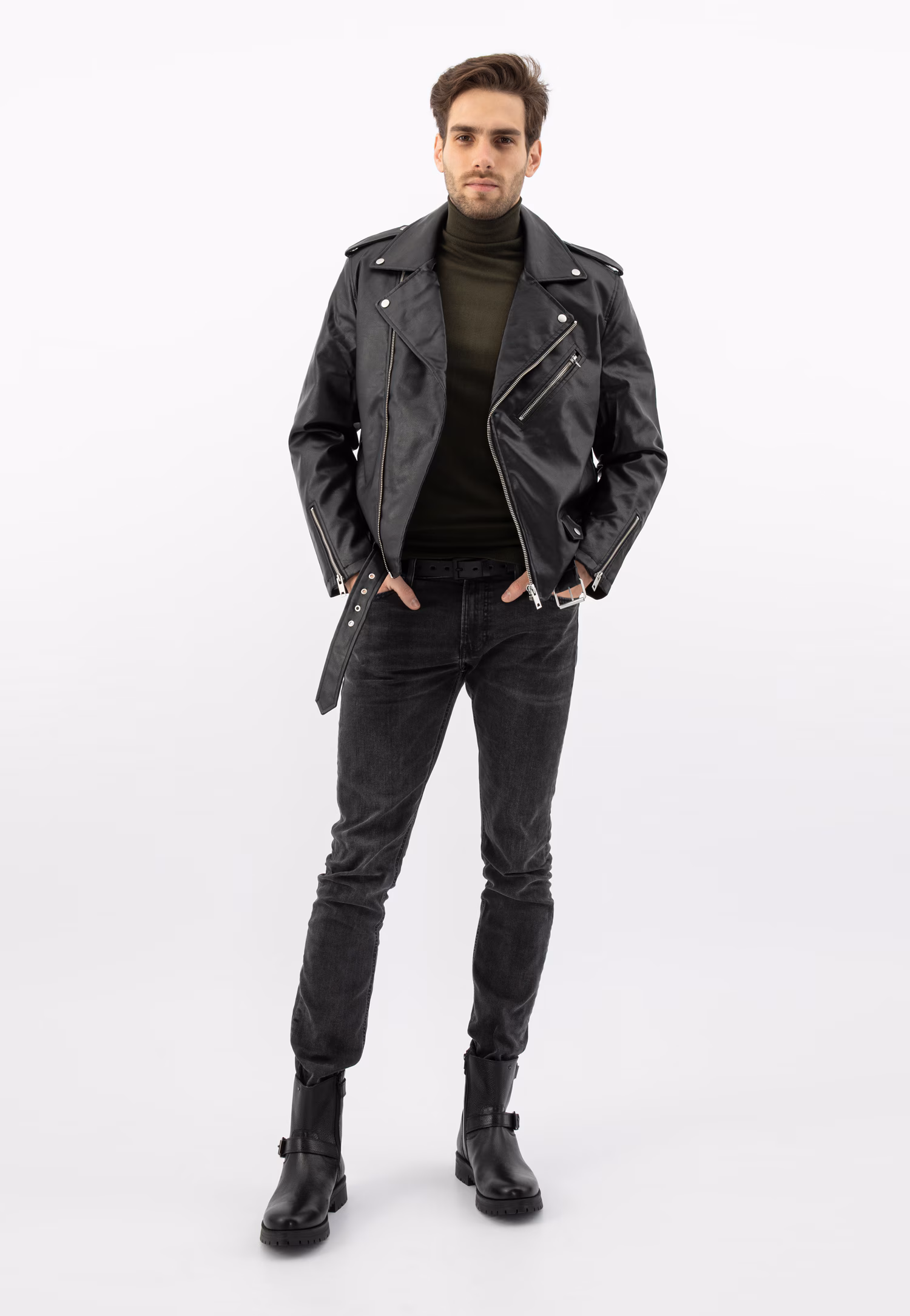 Czarne męskie bikery ze skóry licowej