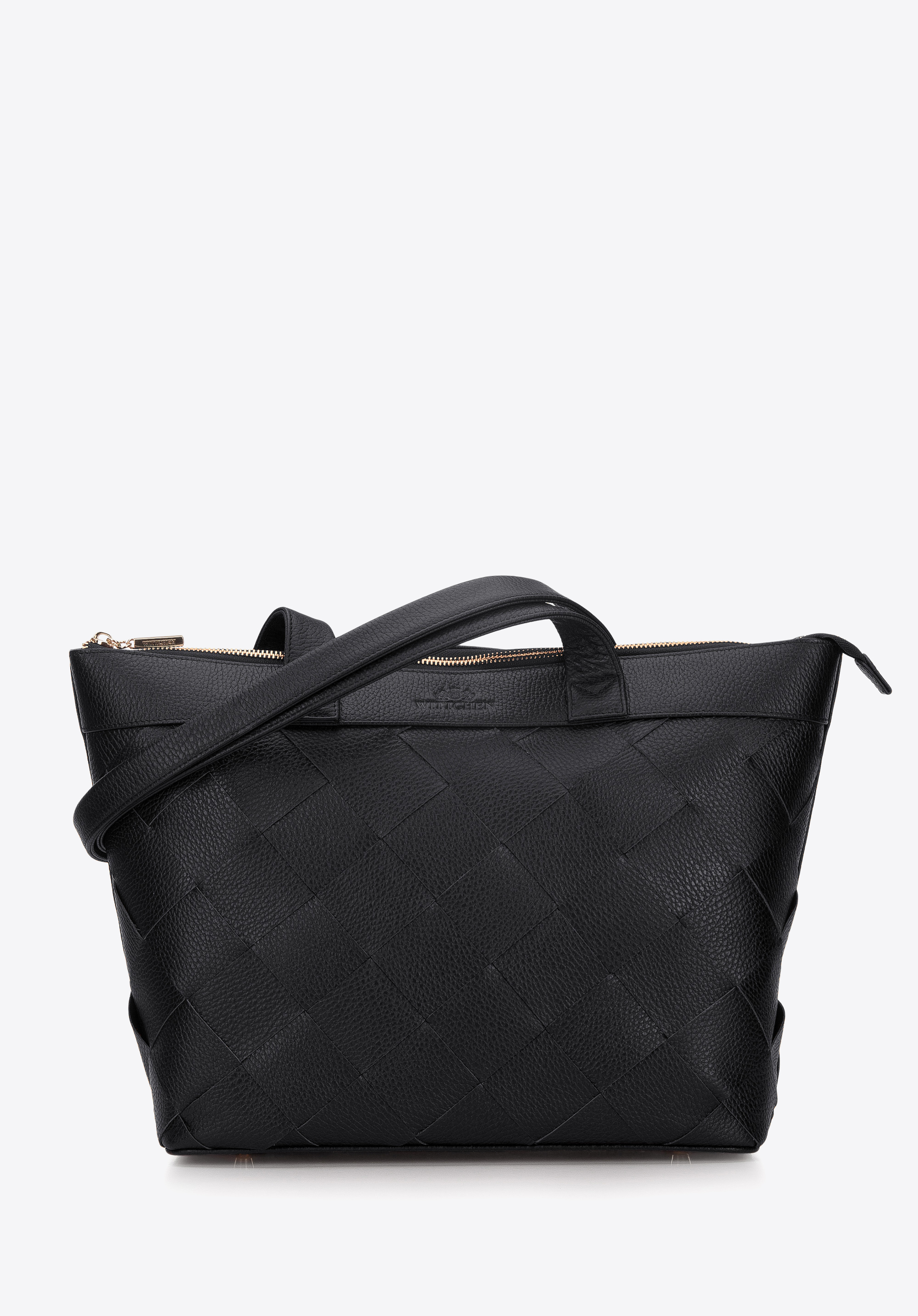 Damska shopperka skórzana trapezowa z plecionką