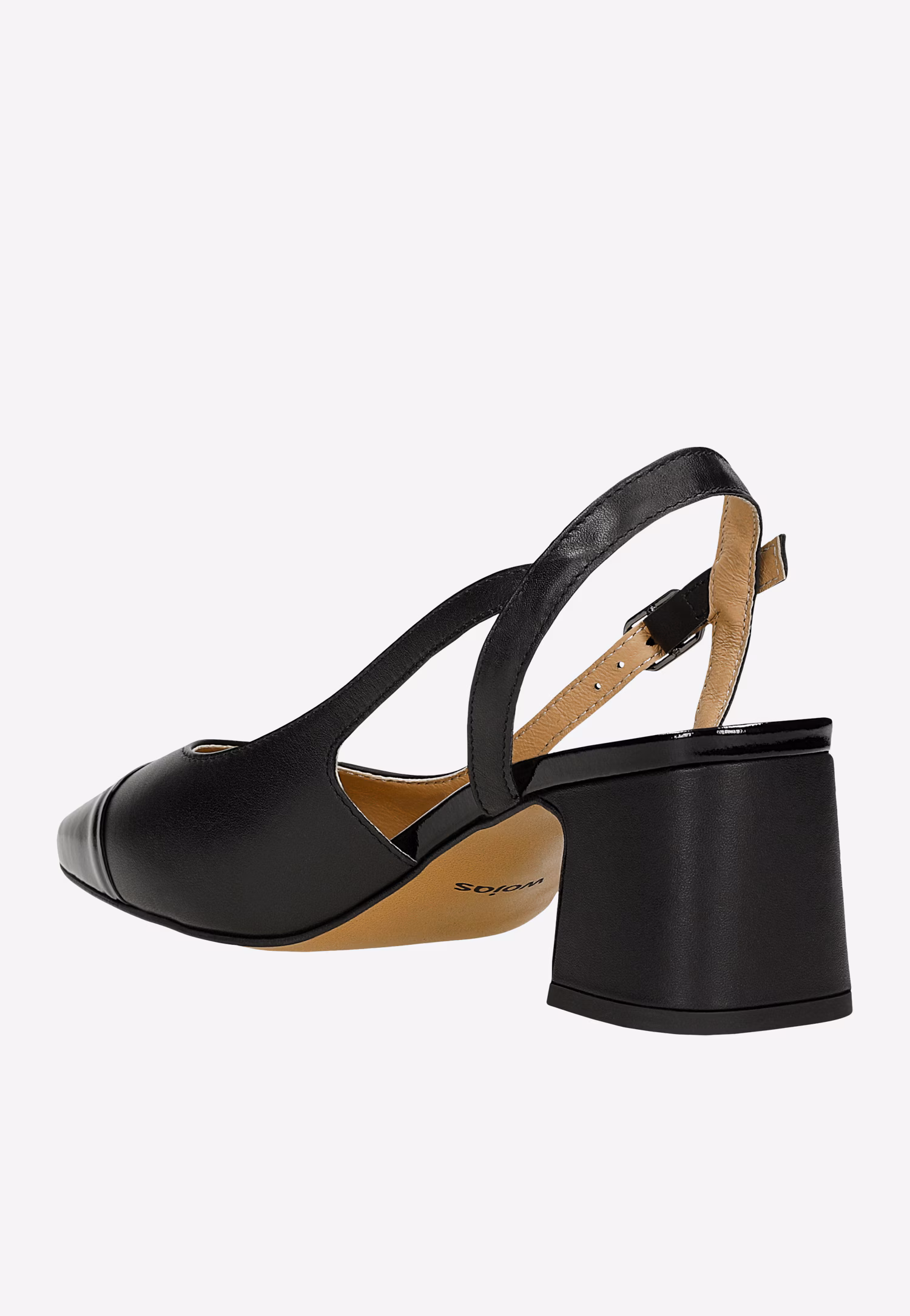 Beżowe skórzane czółenka na słupku z czarnym noskiem