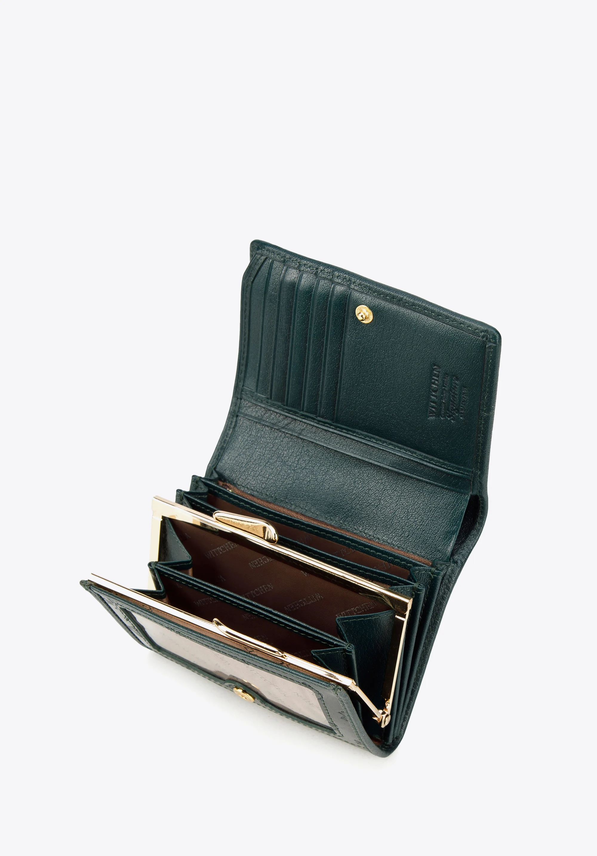 Damski portfel z lakierowanej skóry z monogramem i tasiemką mały