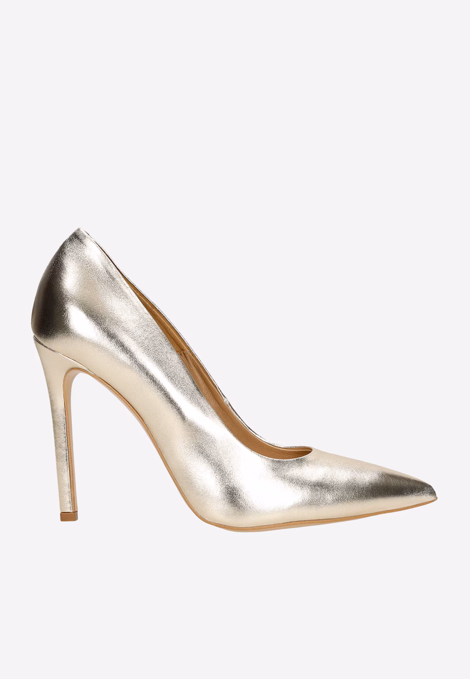 Złote skórzane szpilki na wysokim obcasie