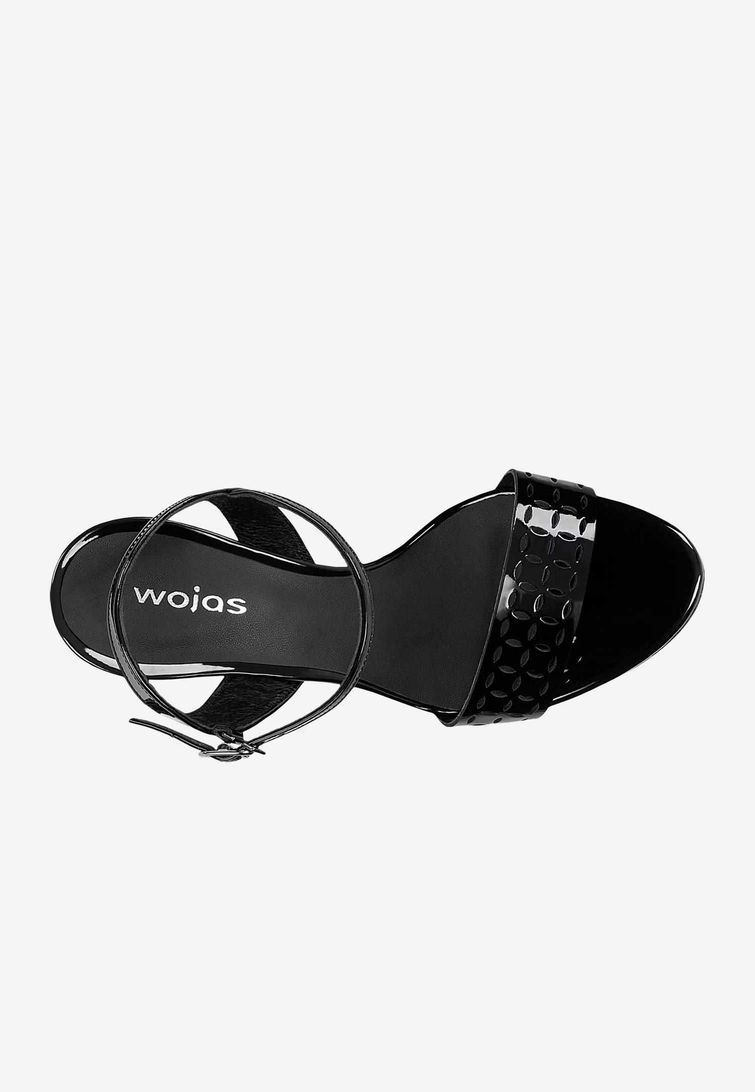 Czarne lakierowane sandały na szpilce z ażurowym paskiem