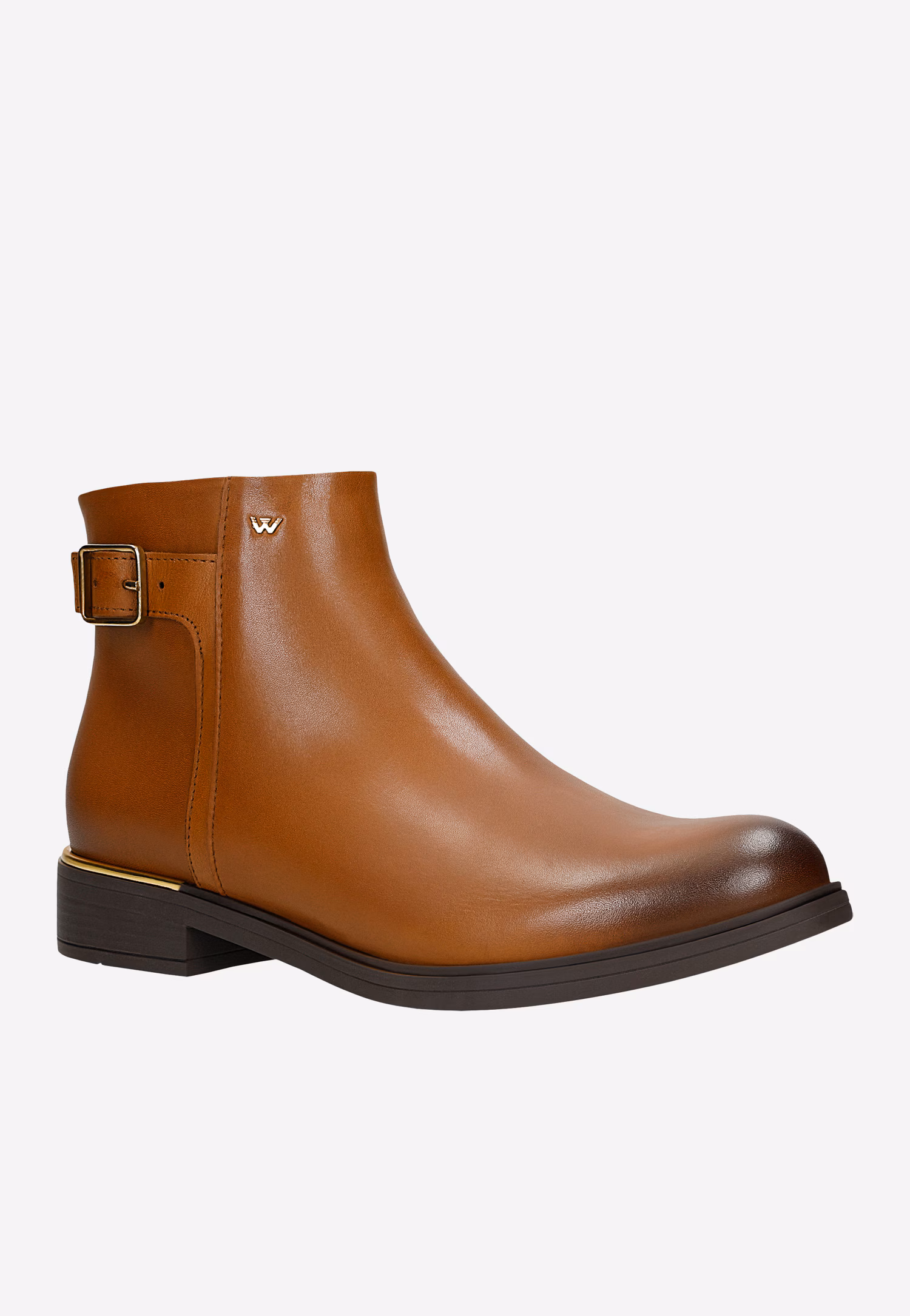 Brązowe skórzane botki damskie ze złotymi elementami