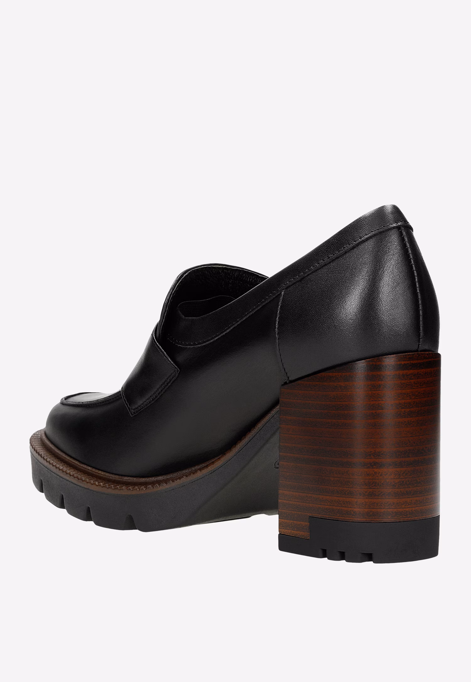 Czarne mokasyny damskie na wysokim obcasie i podeszwie z bieżnikiem