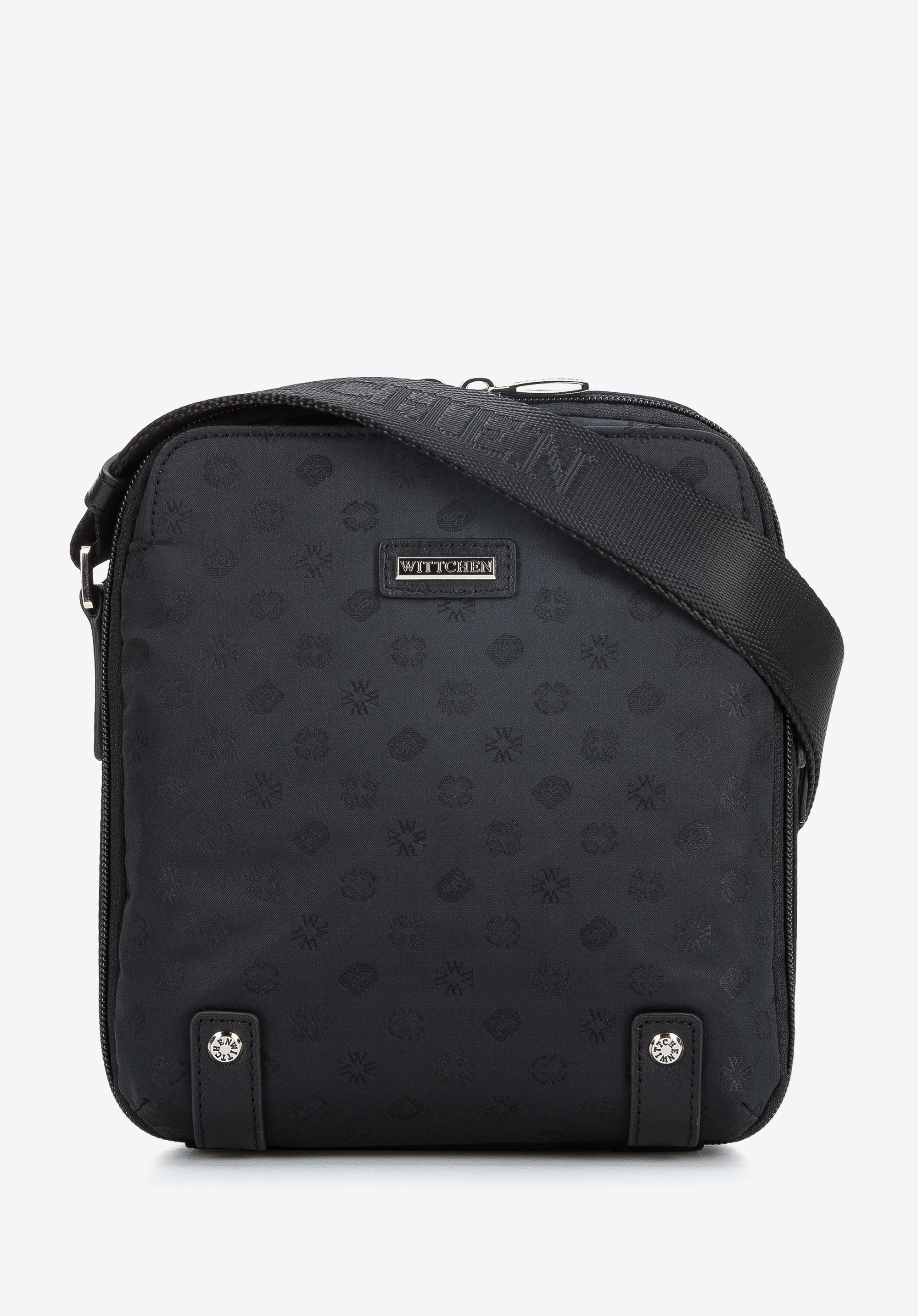 Damska torebka żakardowa z opaskami ze skóry pionowa