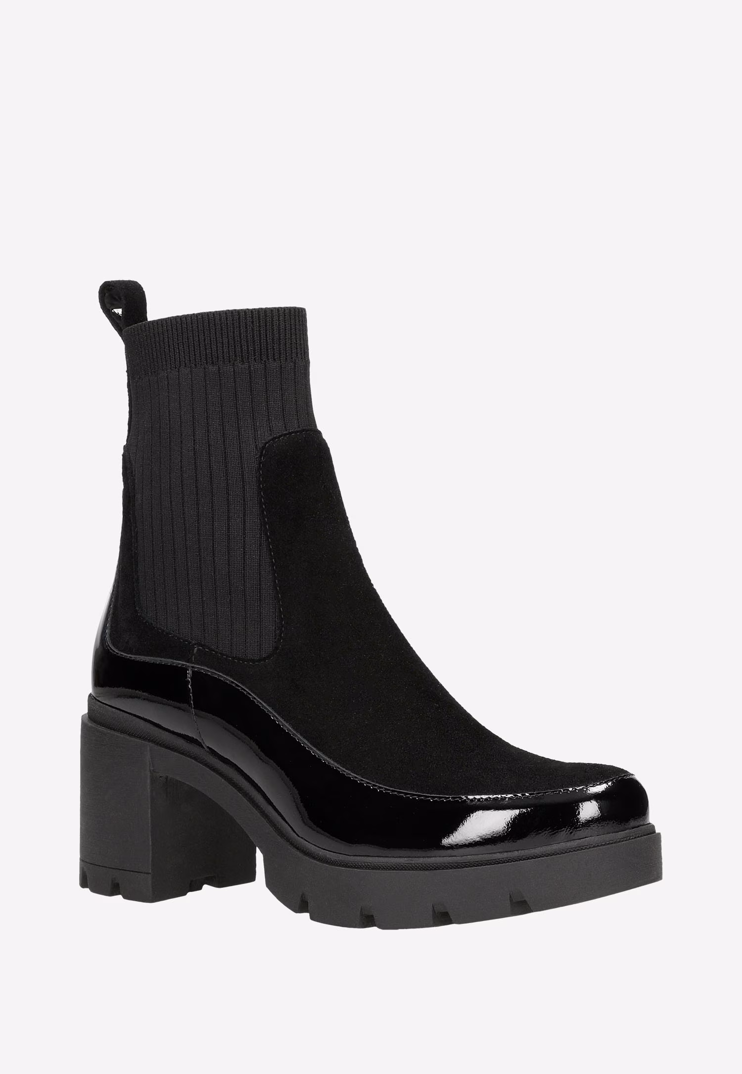 Czarne botki damskie na słupku ze skarpetą i lakierowaną obramówką