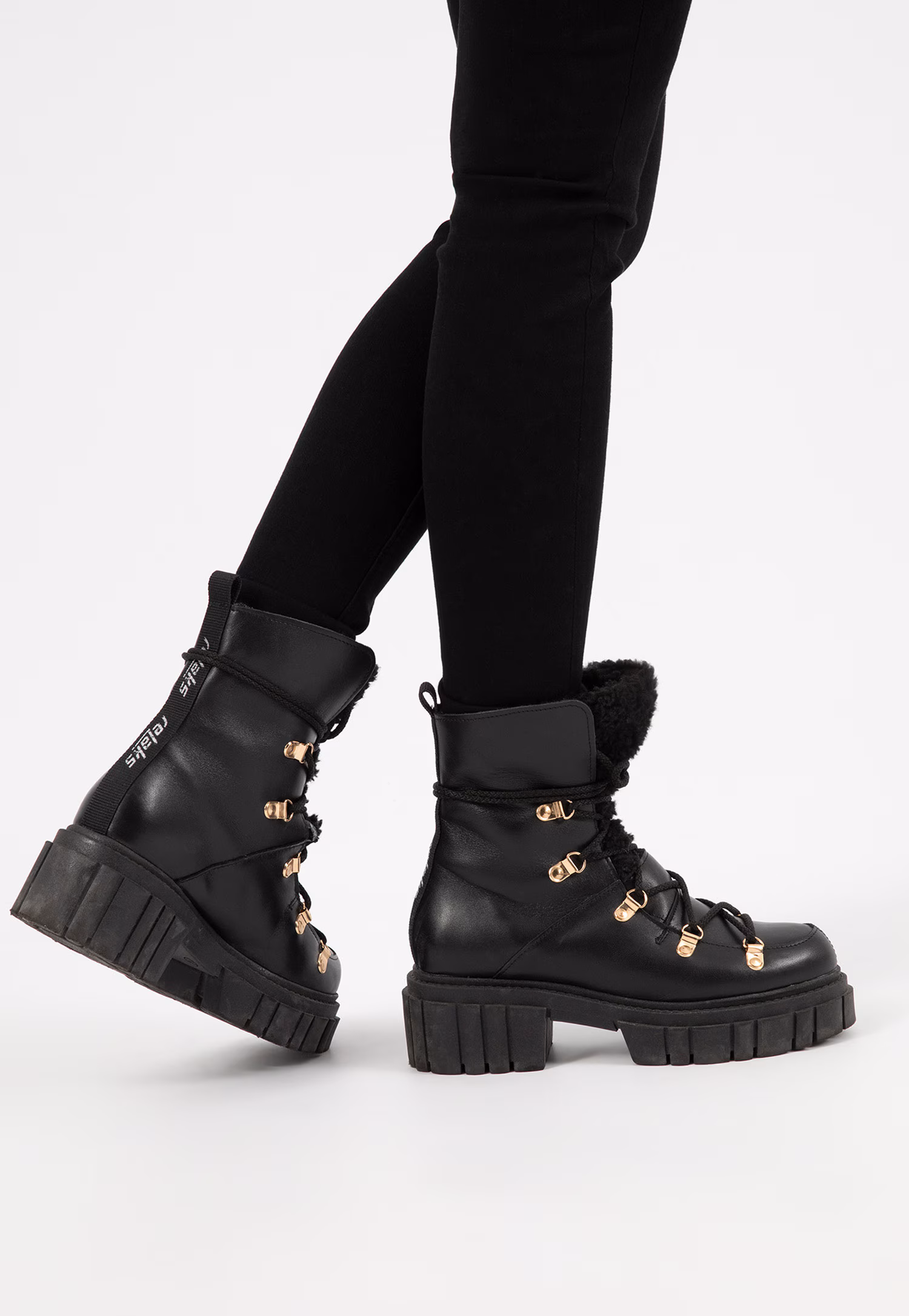RELAKS czarne skórzane trzewiki damskie z kożuszkiem