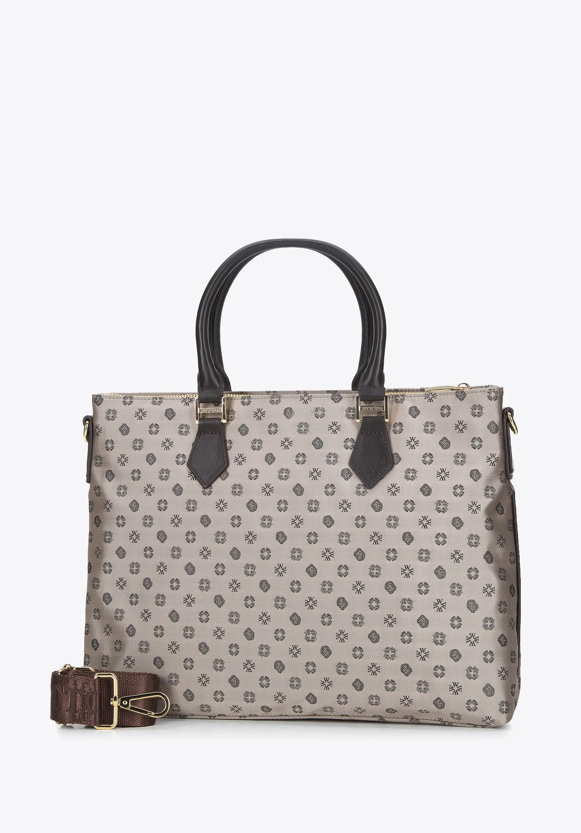 Damska torba na laptopa 12” z żakardu z opaskami ze skóry