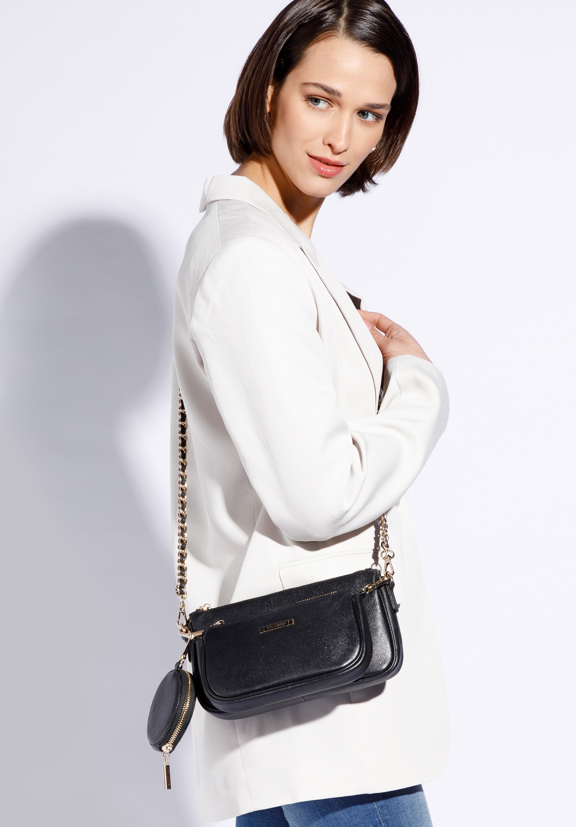 Damska torebka skórzana podwójna z etui na łańcuszku