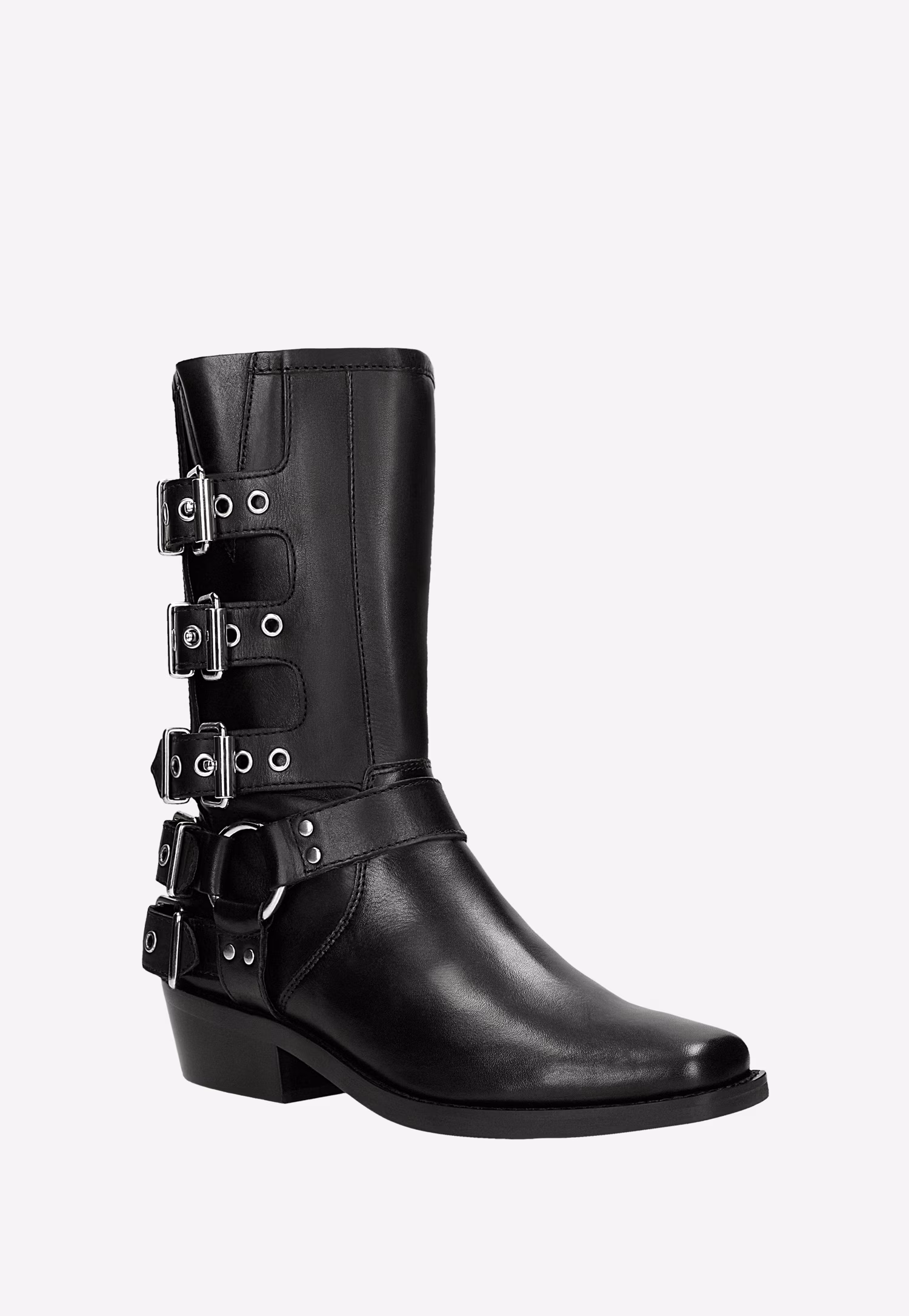 Czarne skórzane kowbojki w motocyklowym stylu