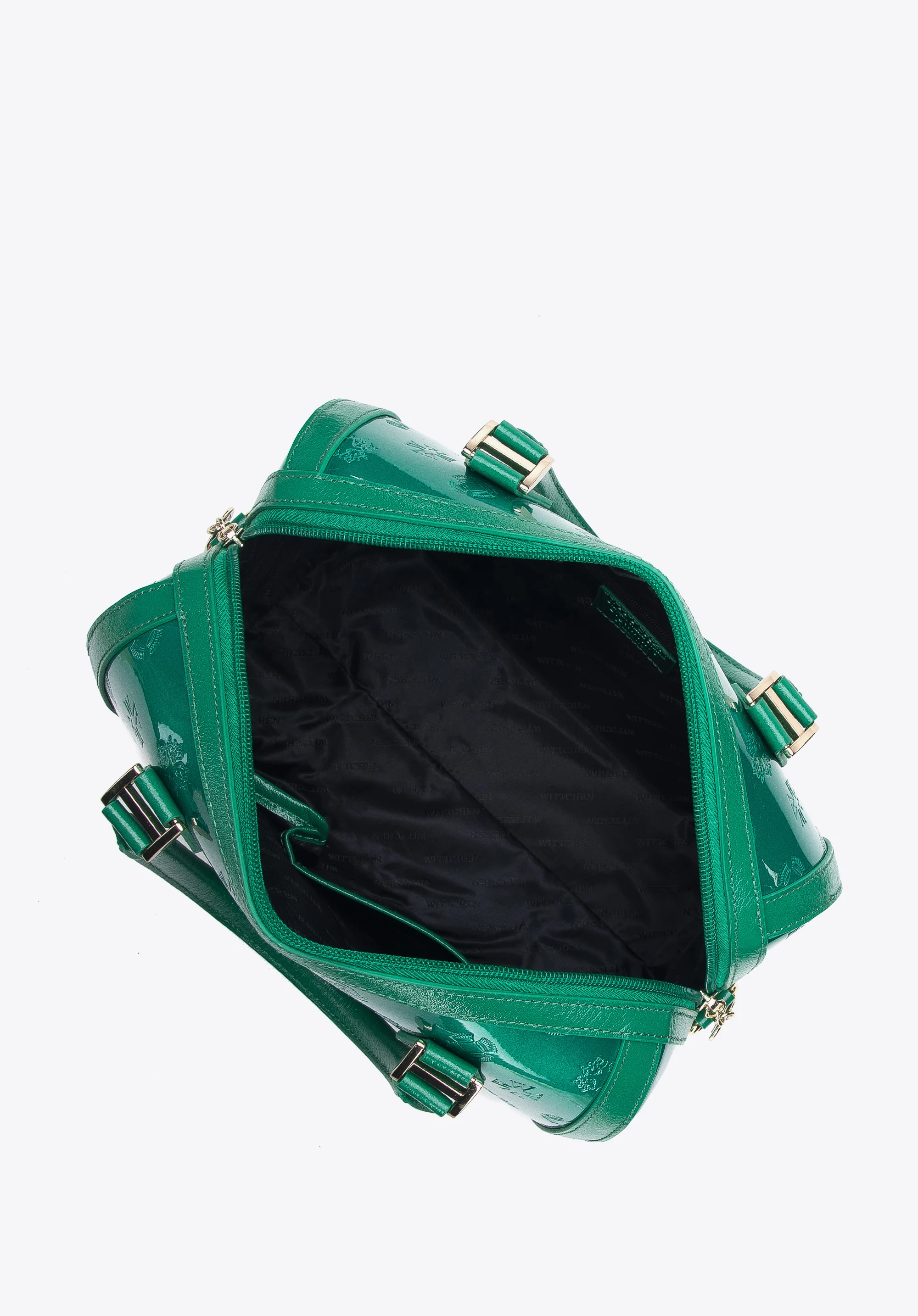 Torebka kuferek z metalicznej skóry lakierowanej