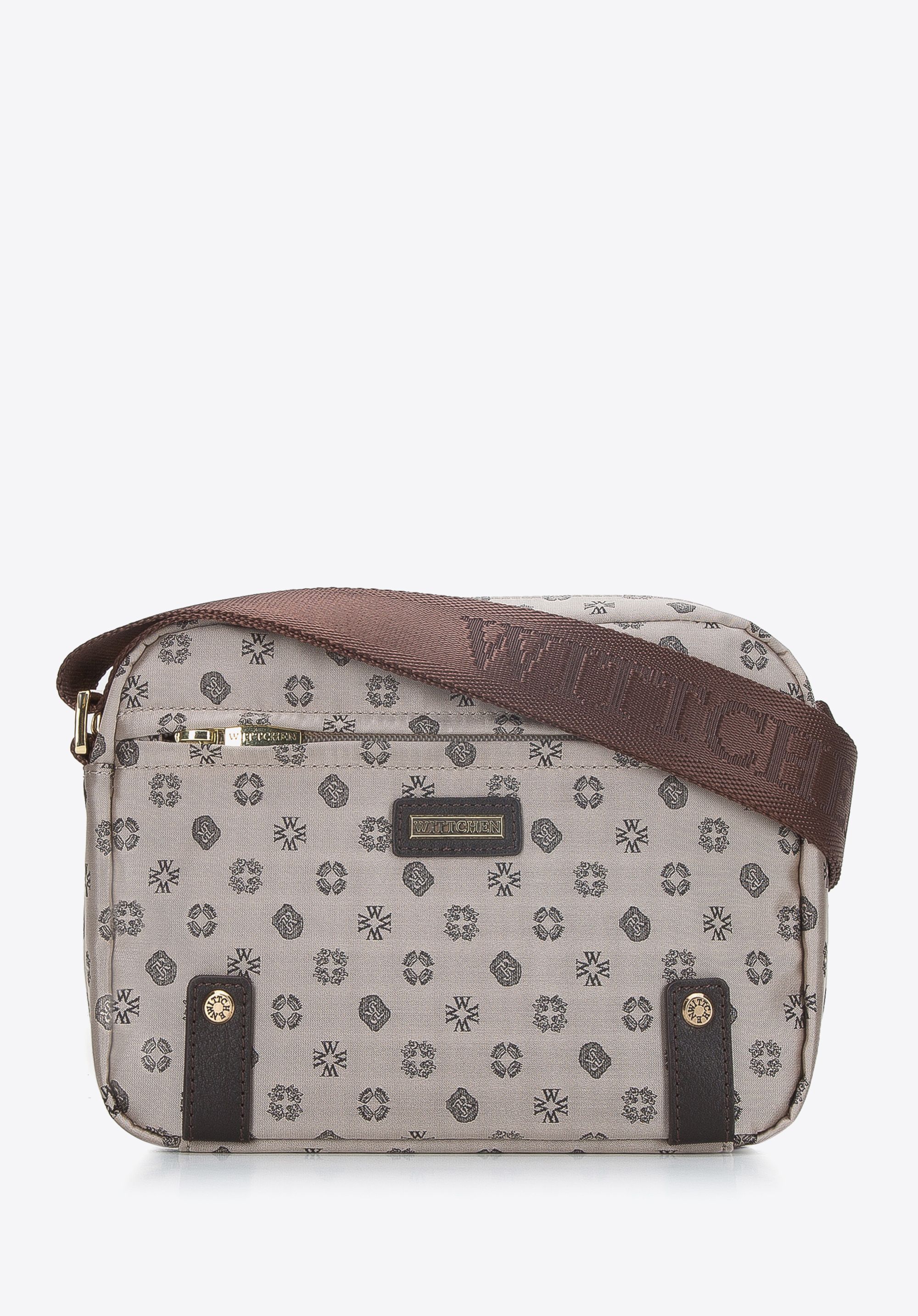 Damska torebka żakardowa z opaskami ze skóry pozioma