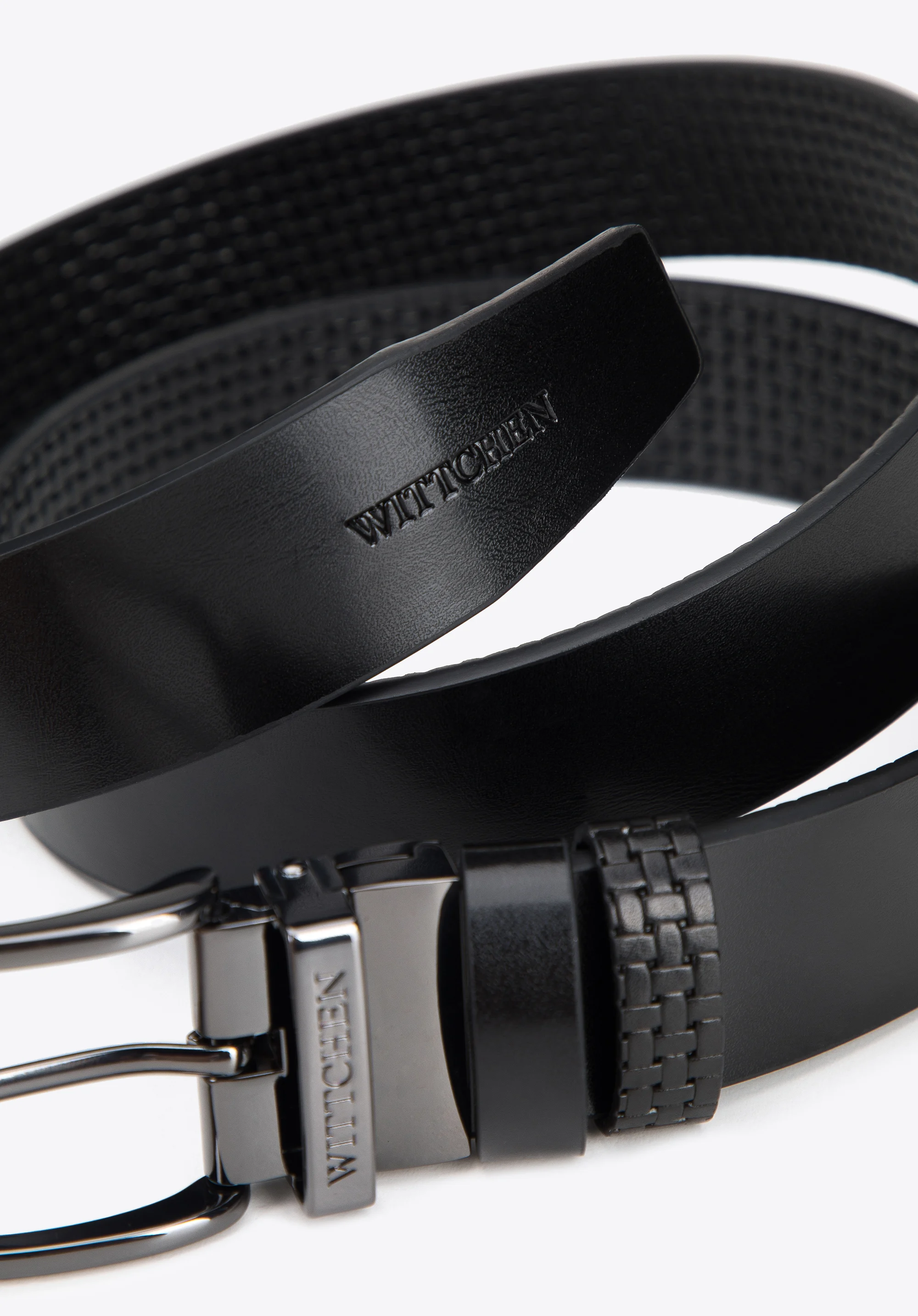 Męski pasek skórzany dwustronny z tłoczeniem w plecionkę