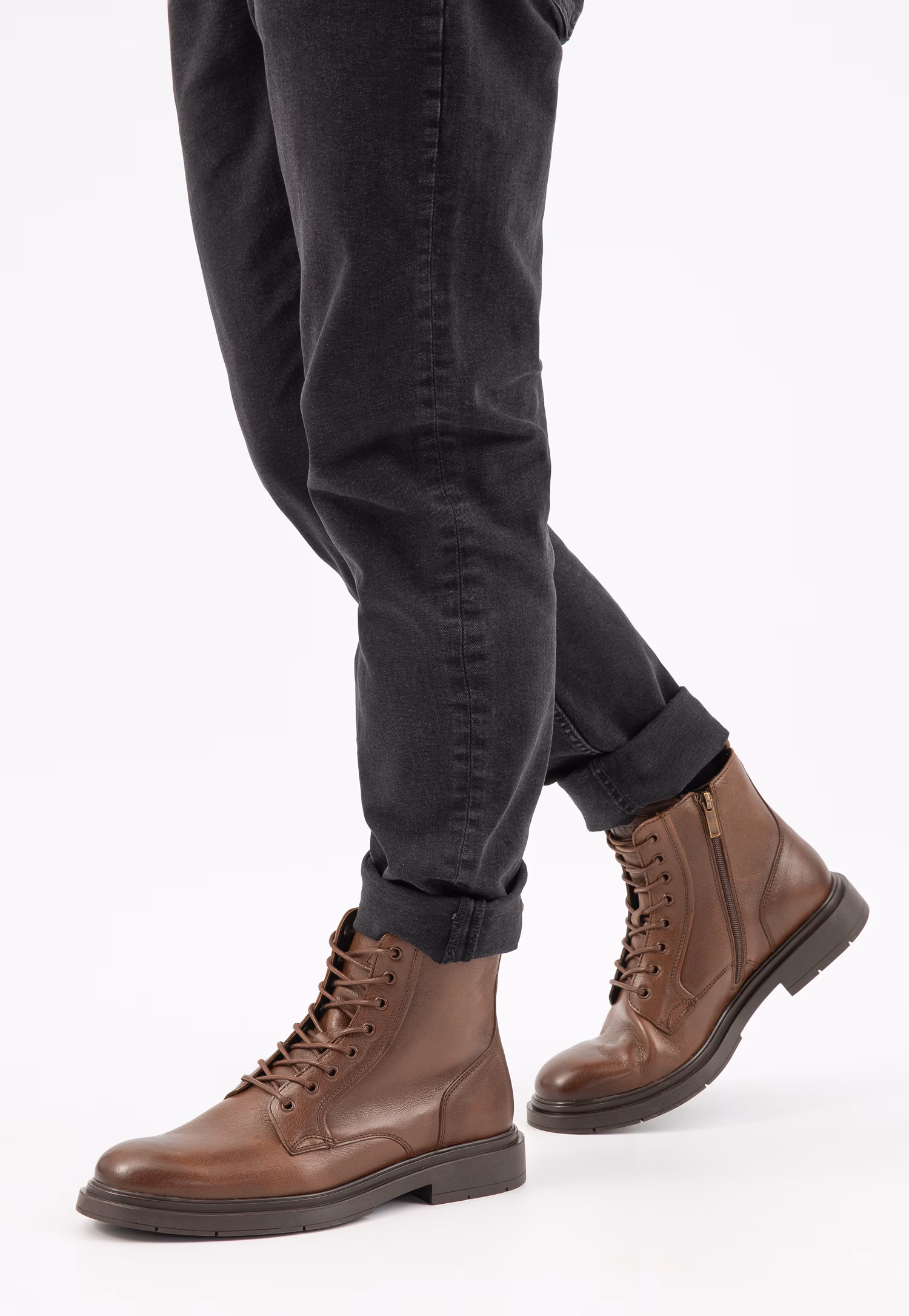 Brązowe ocieplane trzewiki męskie skórzane