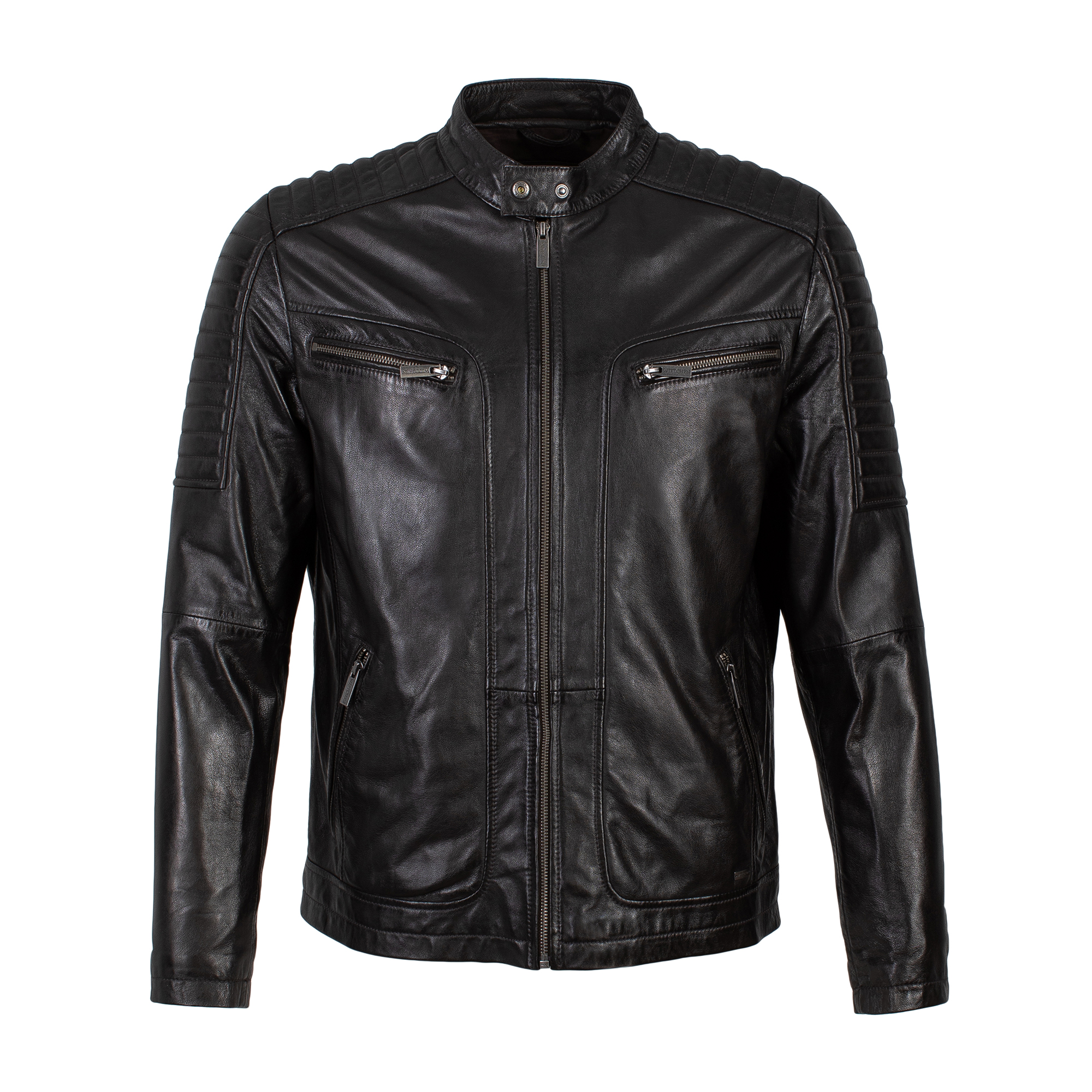 Męska kurtka skórzana z zapinaną stójką i pikowaniem