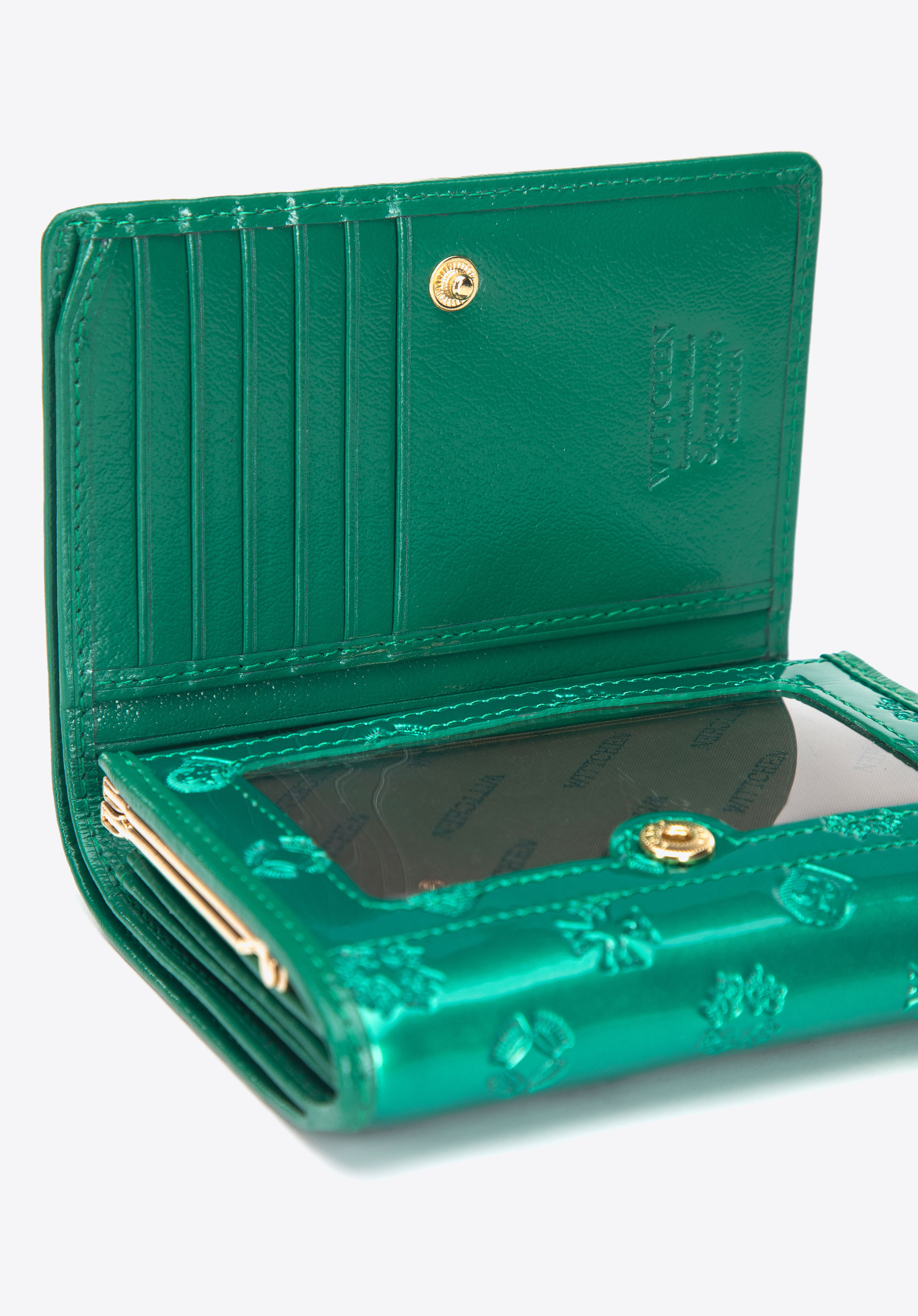 Damski portfel z lakierowanej skóry z monogramem mały