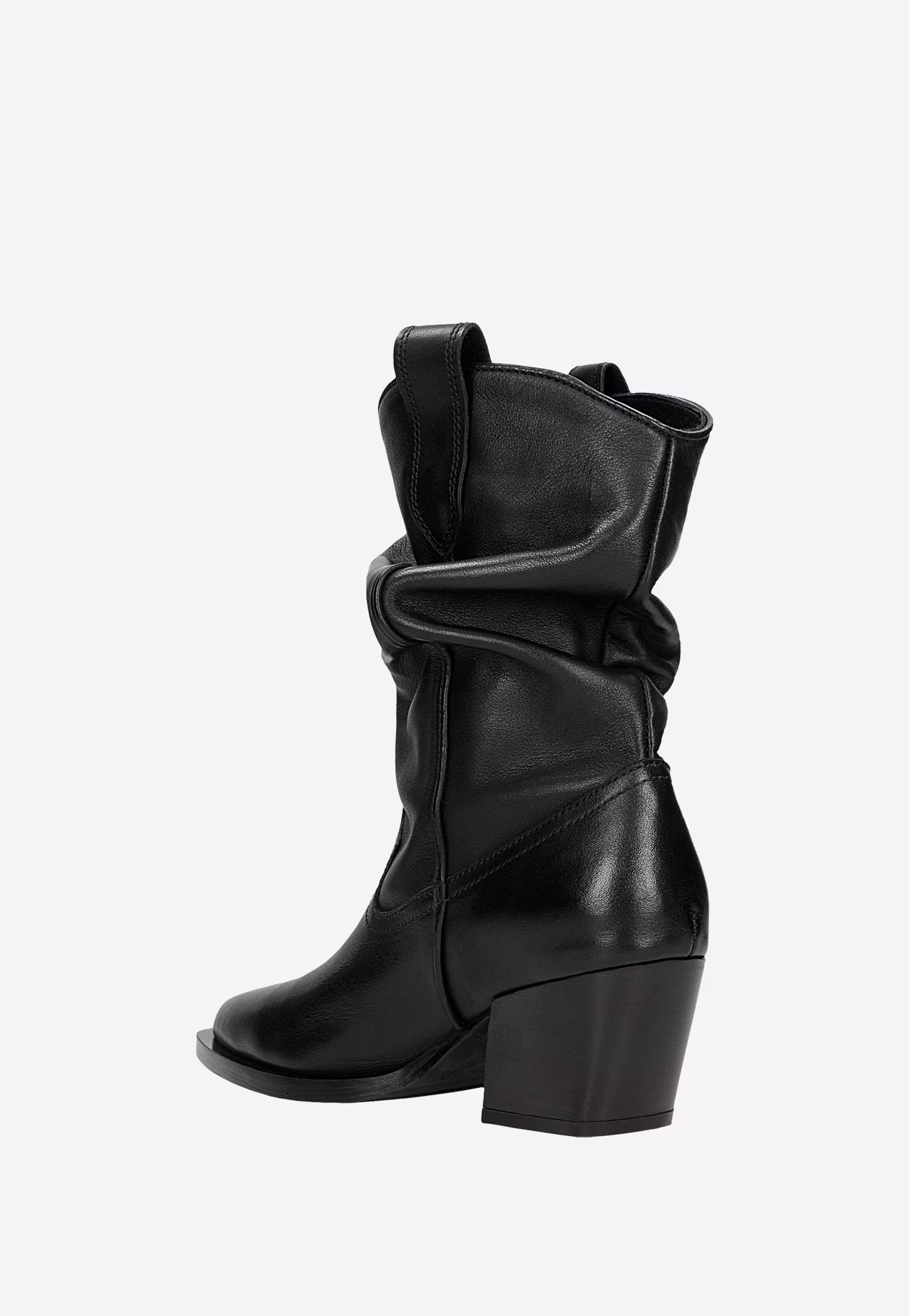 Czarne skórzane kowbojki damskie z marszczoną cholewką