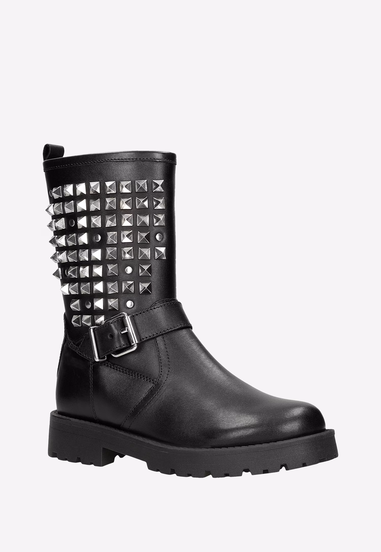 Czarne skórzane bikery damskie z ćwiekami na cholewce