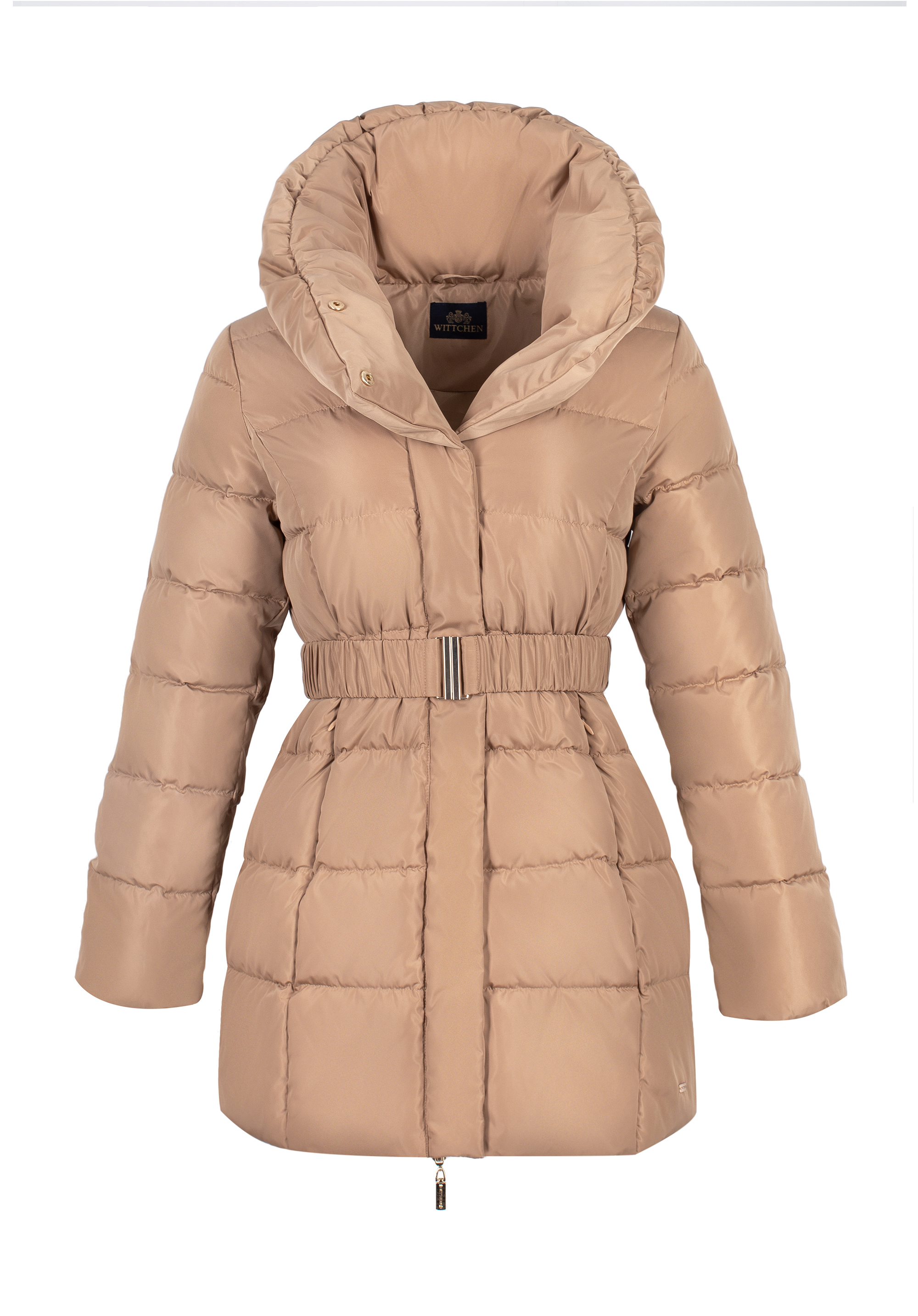 Damska kurtka puchowa z paskiem i wysokim kołnierzem