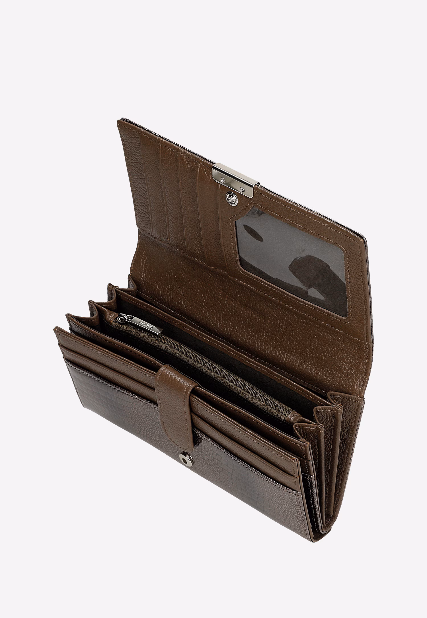 Duży beżowy portfel damski z lakierowanej skóry