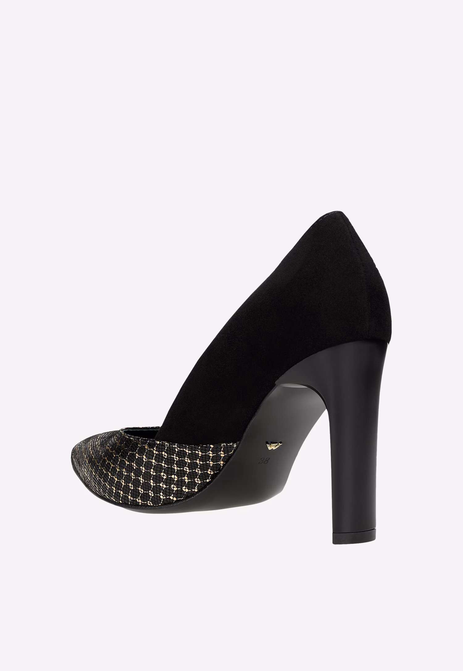 Czarne welurowe czółenka damskie z eleganckim złotym wzorem