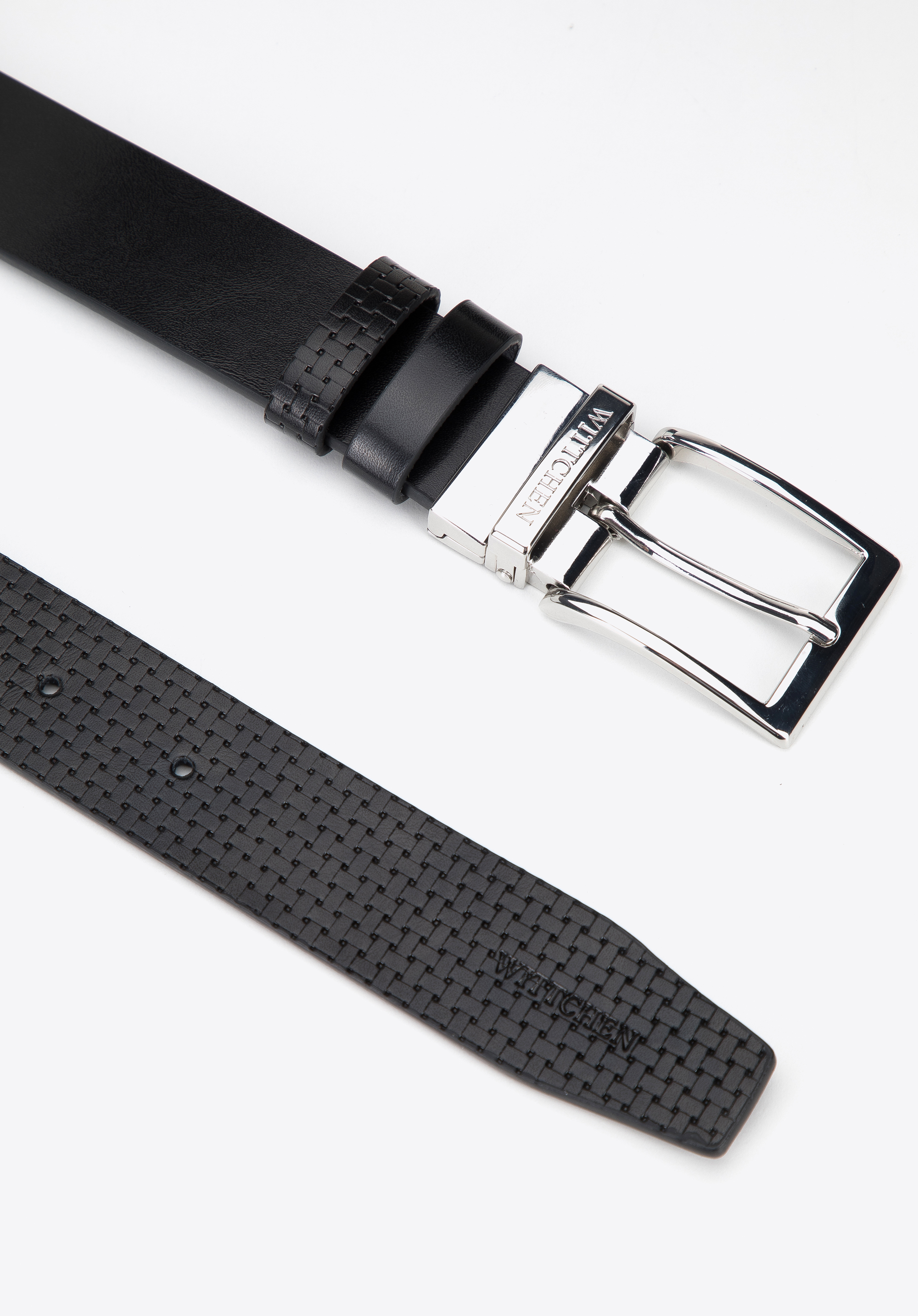 Męski pasek skórzany dwustronny z tłoczeniem w plecionkę