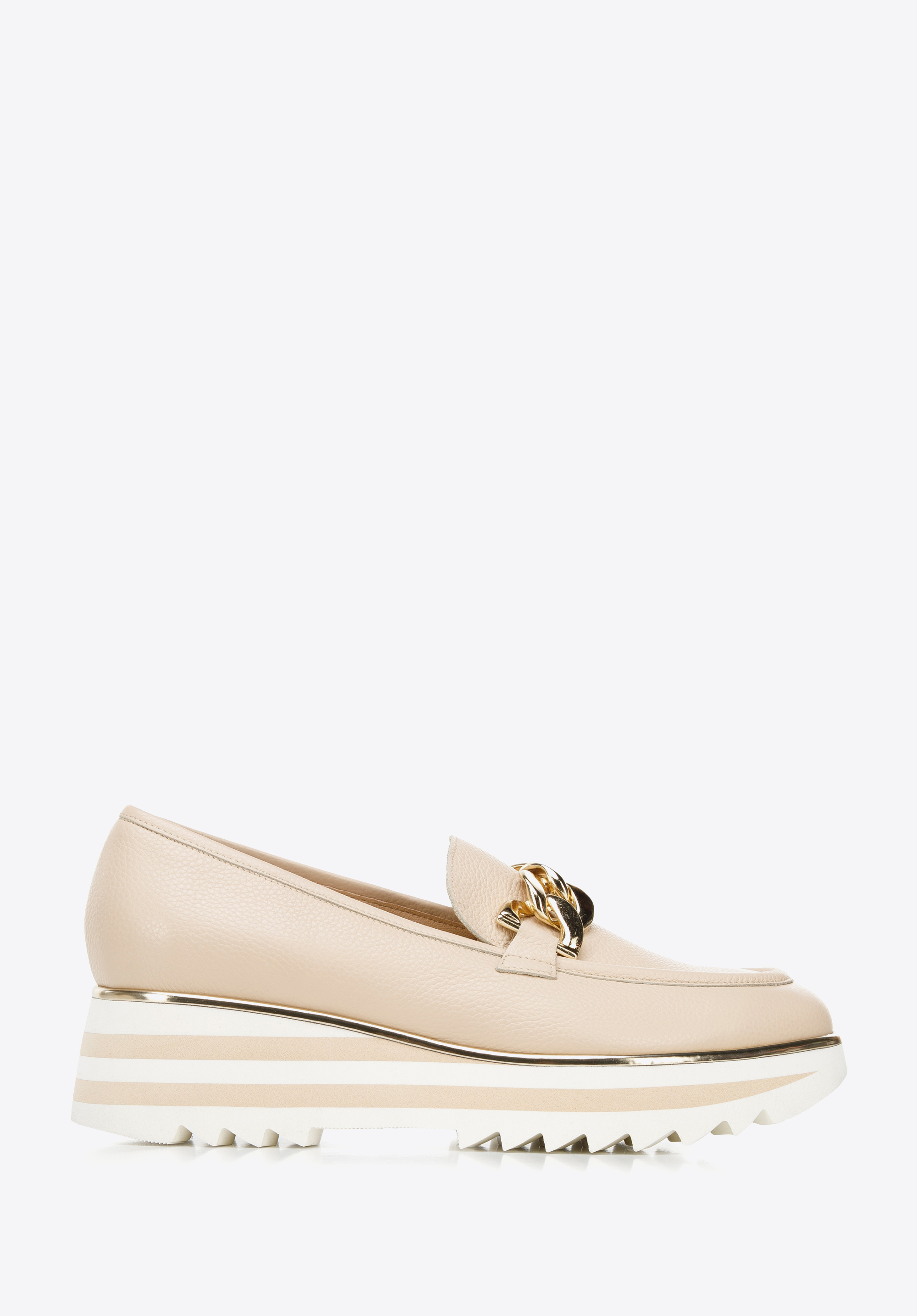 Damskie mokasyny skórzane na platformie w pasy