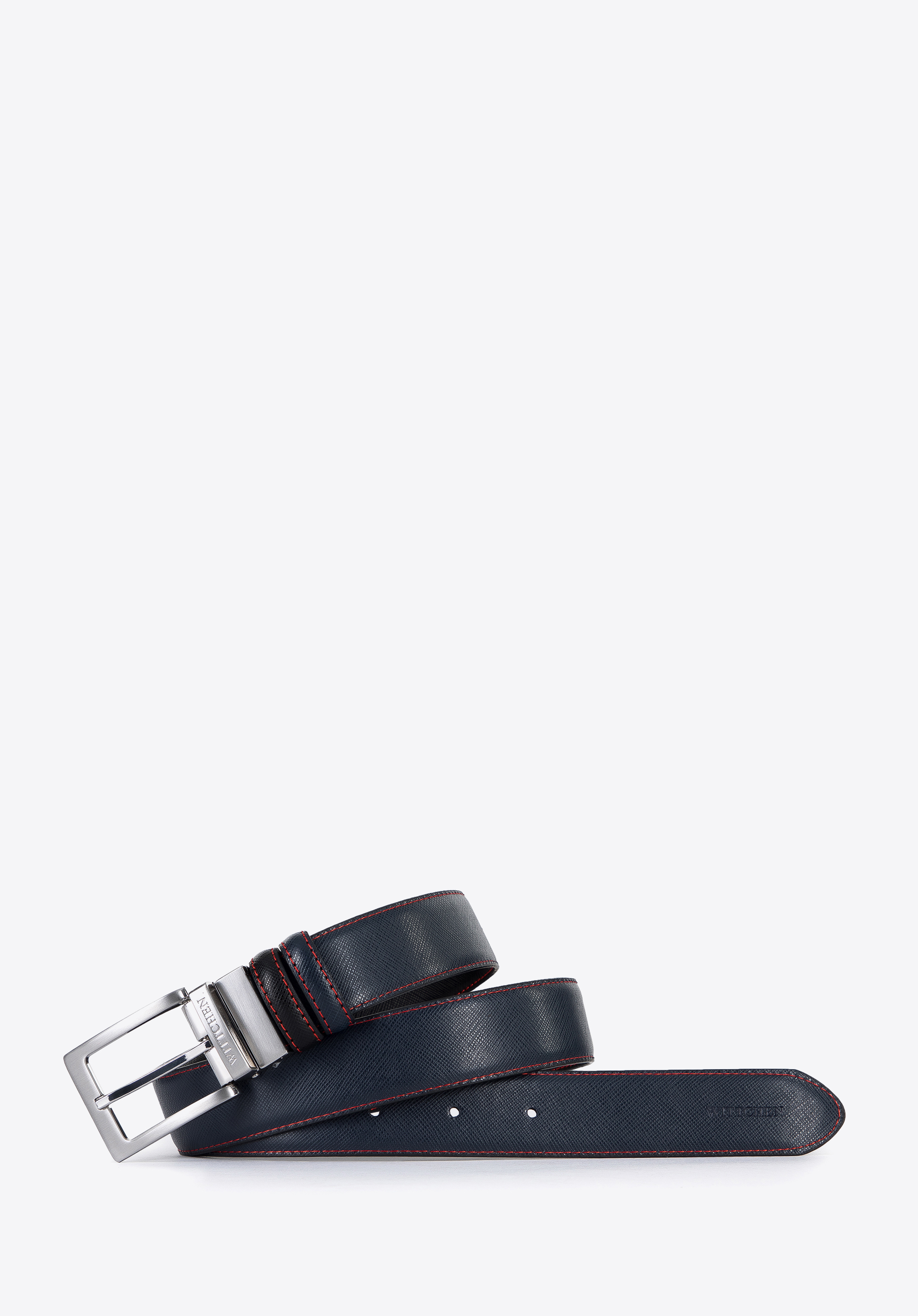 Męski pasek skórzany dwustronny z czerwoną nicią