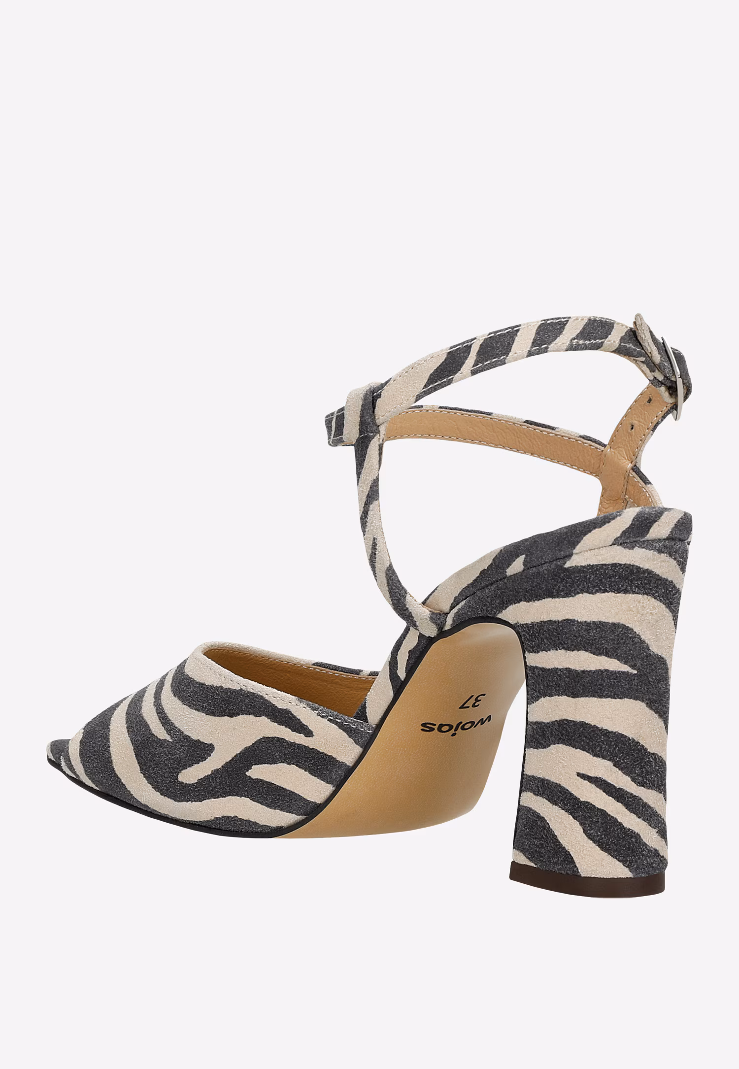 Sandały w czarno-beżowe paski na szerokim słupku
