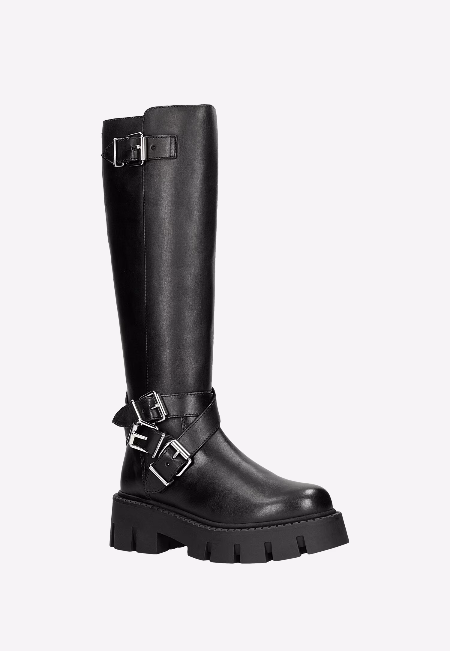 Czarne skórzane kozaki damskie typu bikery ze srebrnymi klamrami