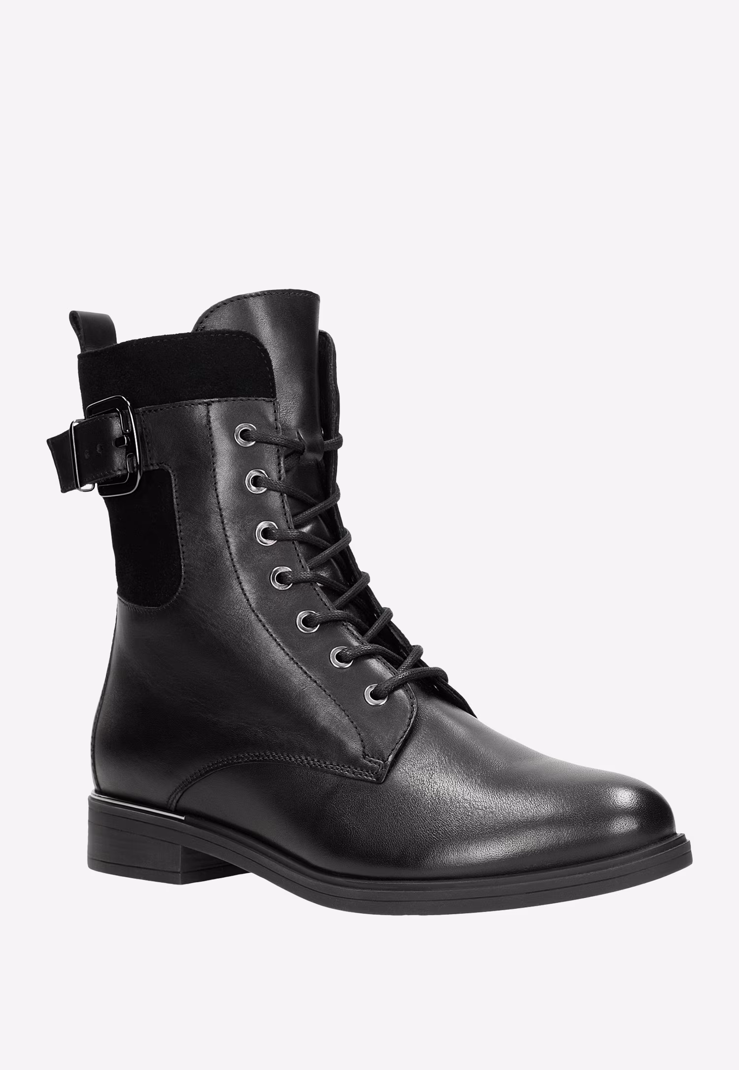 Czarne trzewiki damskie z weluru i skóry licowej