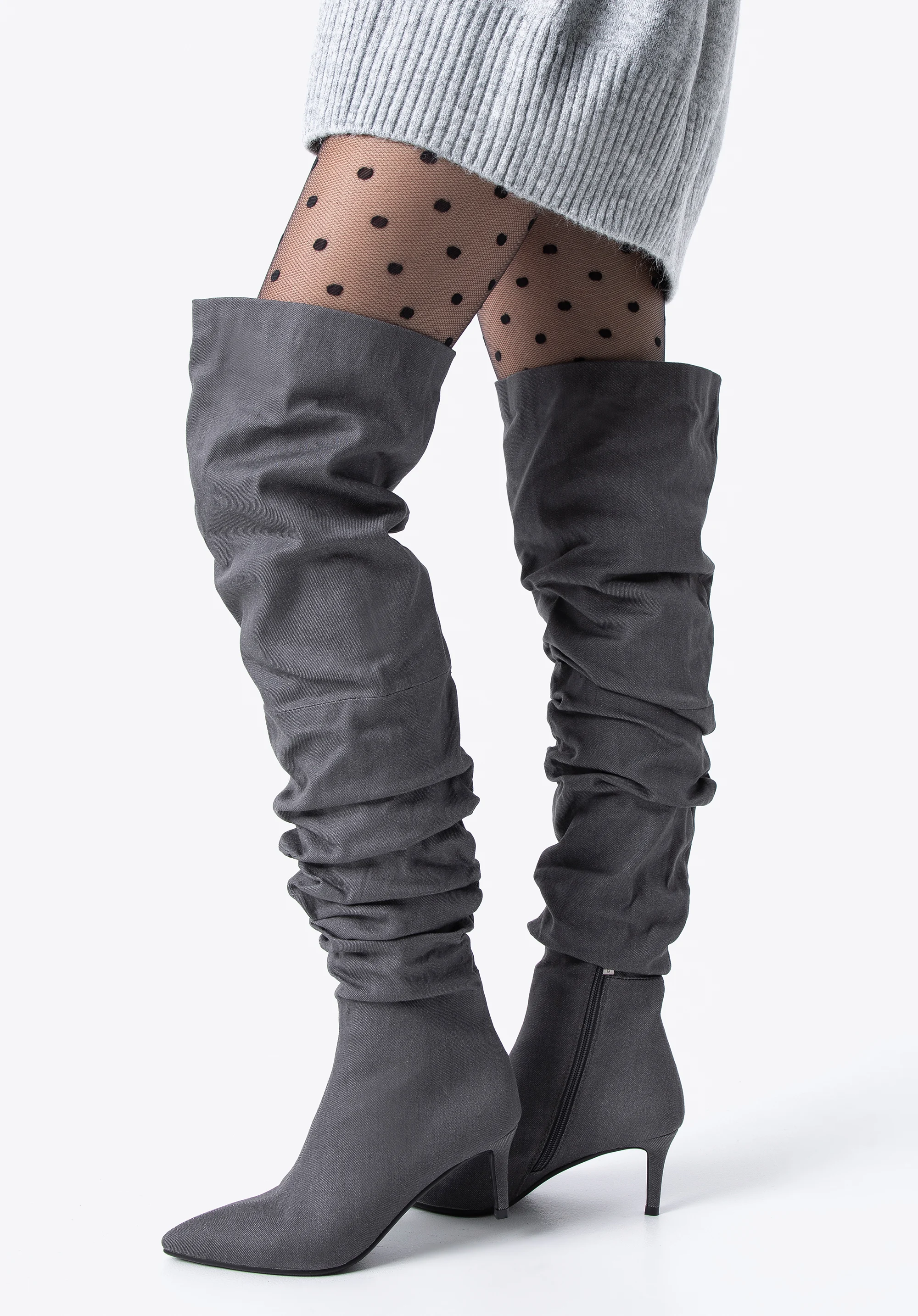 Damskie kozaki dżinsowe za kolano na obcasie