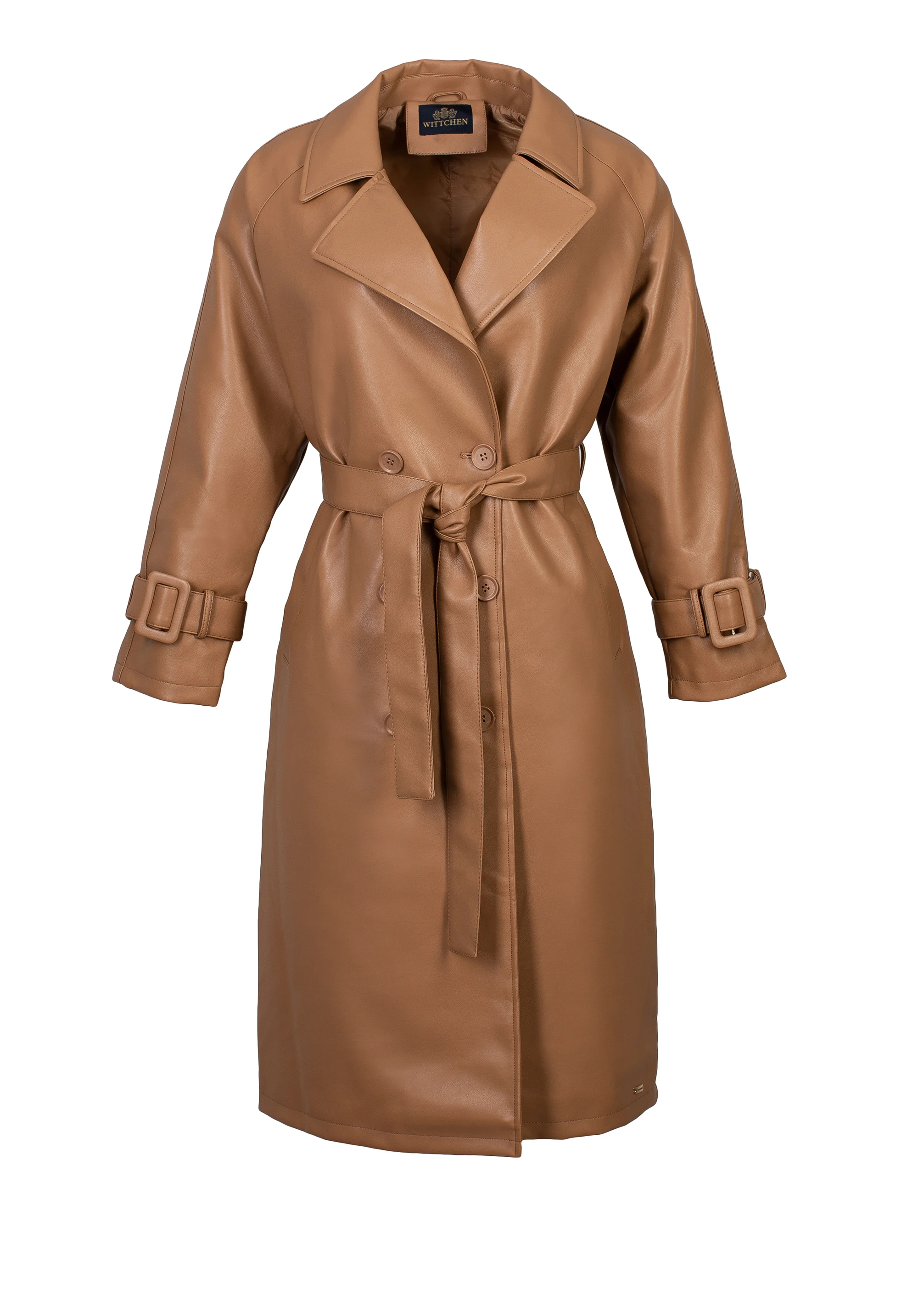 Damski płaszcz z ekoskóry dwurzędowy z paskiem