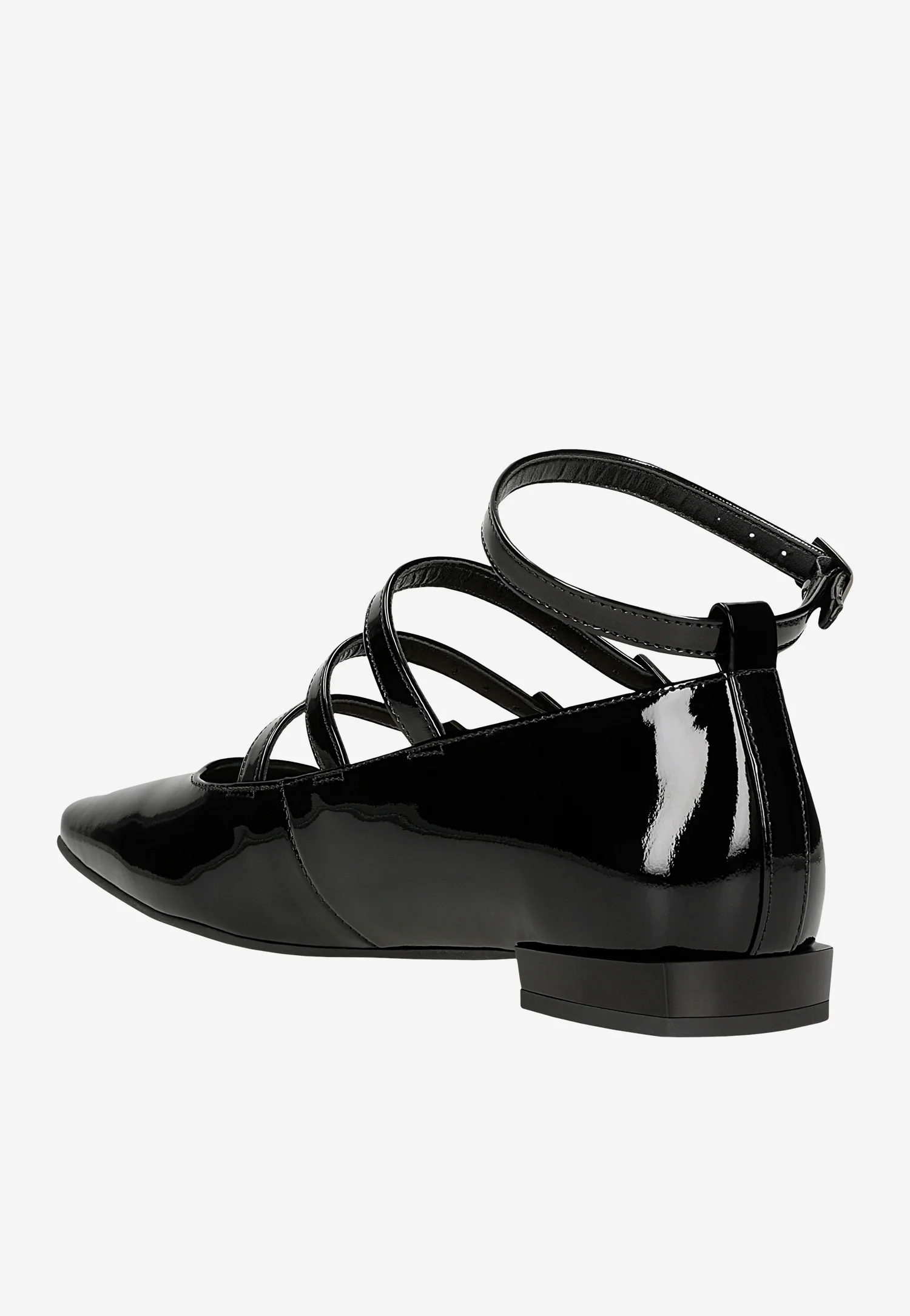 Czarne lakierowane baleriny damskie z wieloma paskami