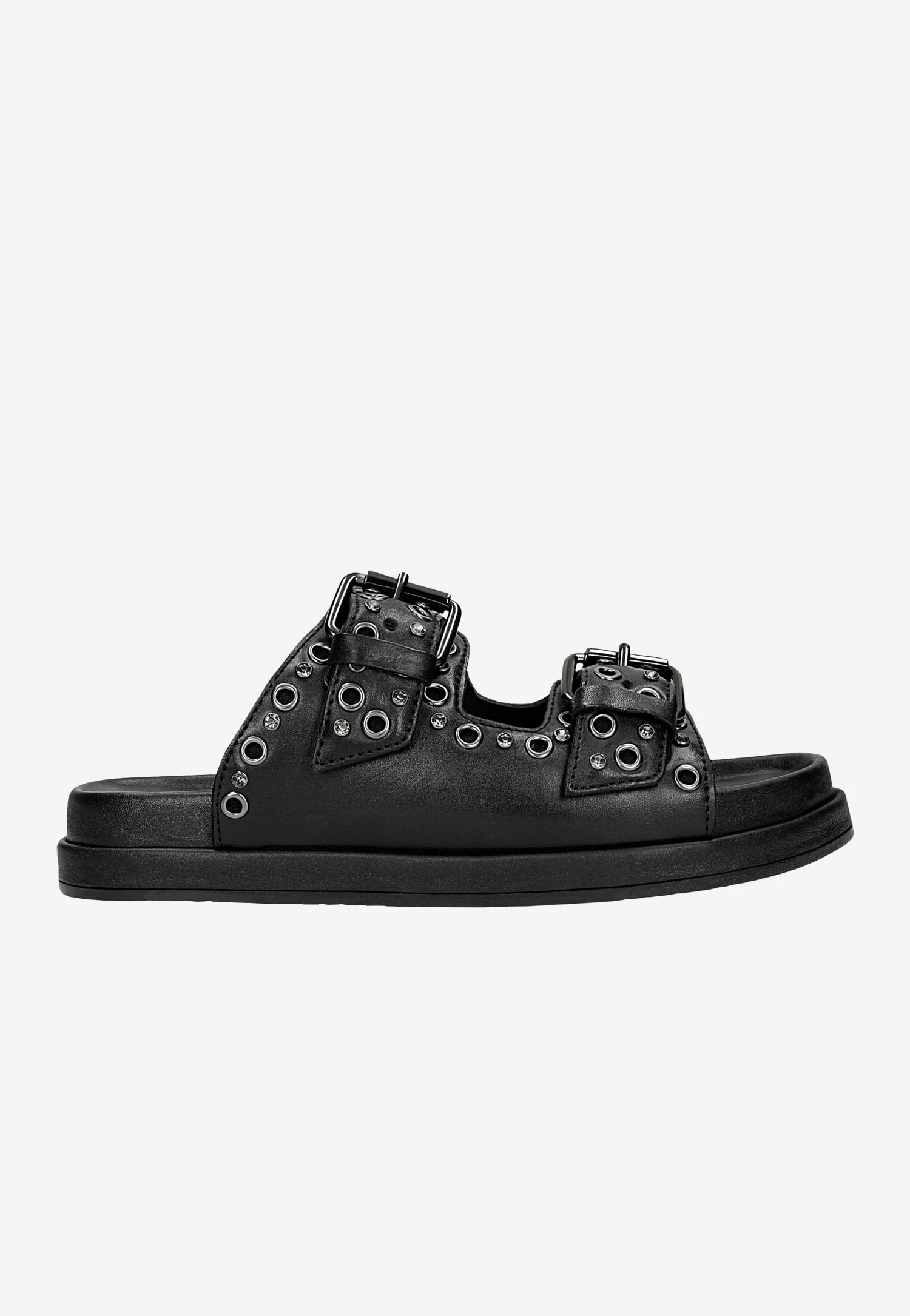 Czarne klapki ze skóry licowej z ozdobnymi nitami