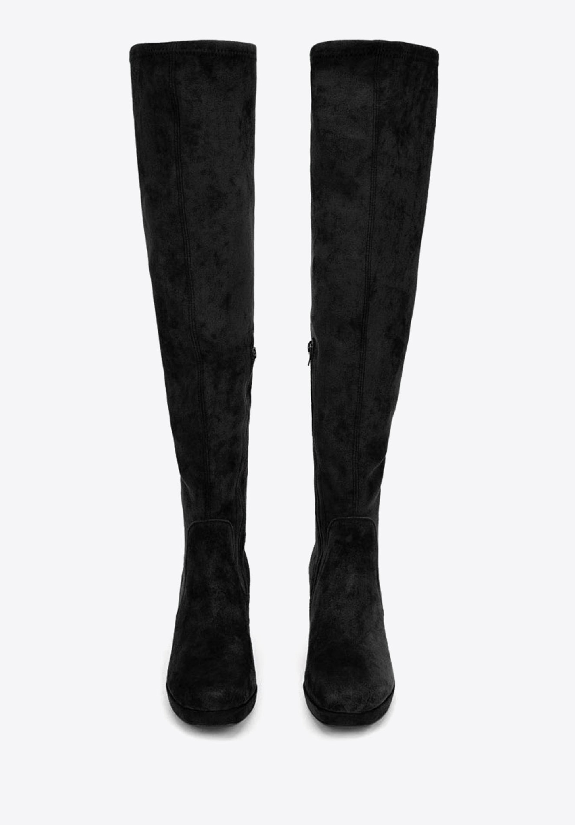 Kozaki zamszowe na słupku z elastyczną cholewką