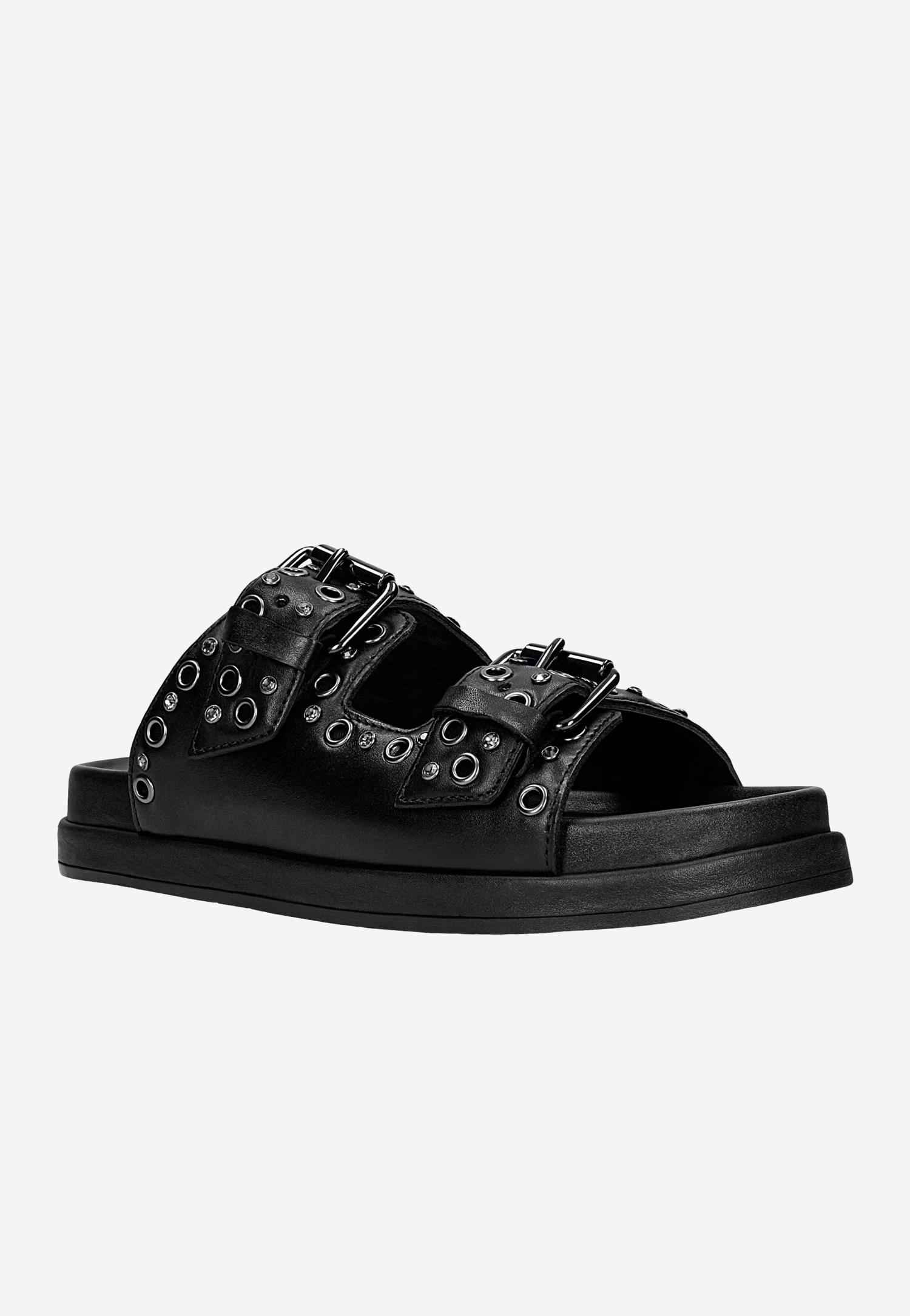 Czarne klapki ze skóry licowej z ozdobnymi nitami