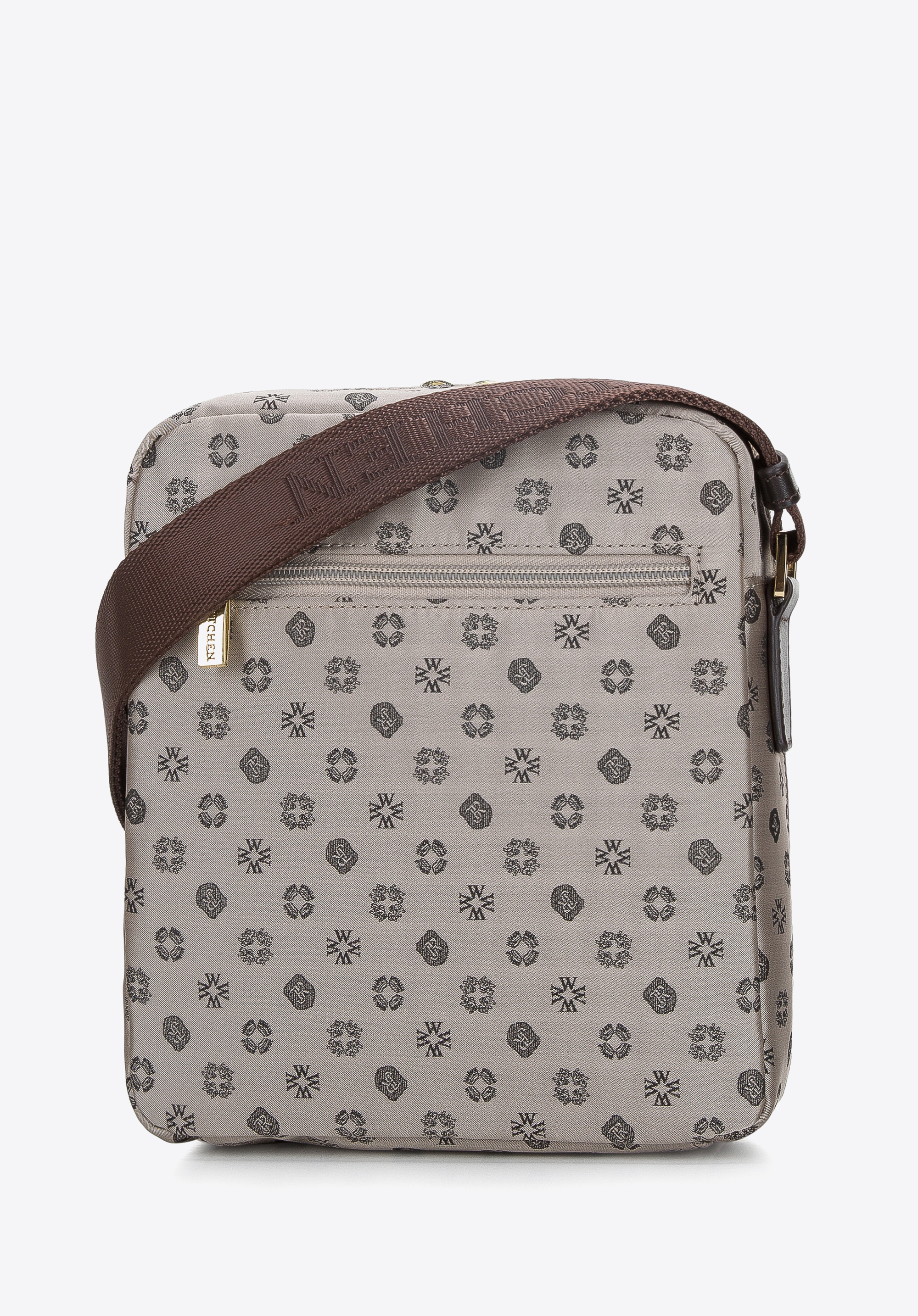 Damska torebka żakardowa z opaskami ze skóry pionowa