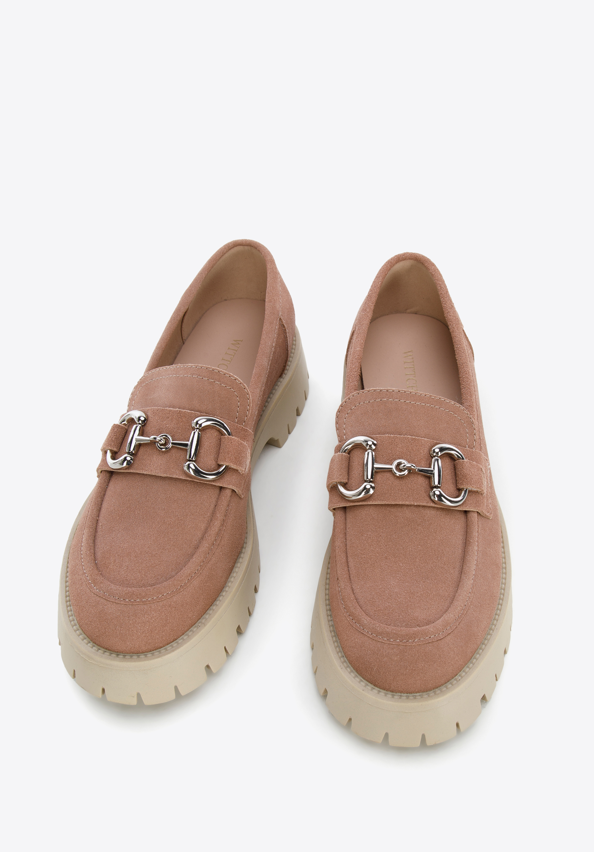 Damskie mokasyny zamszowe z klamrą na platformie