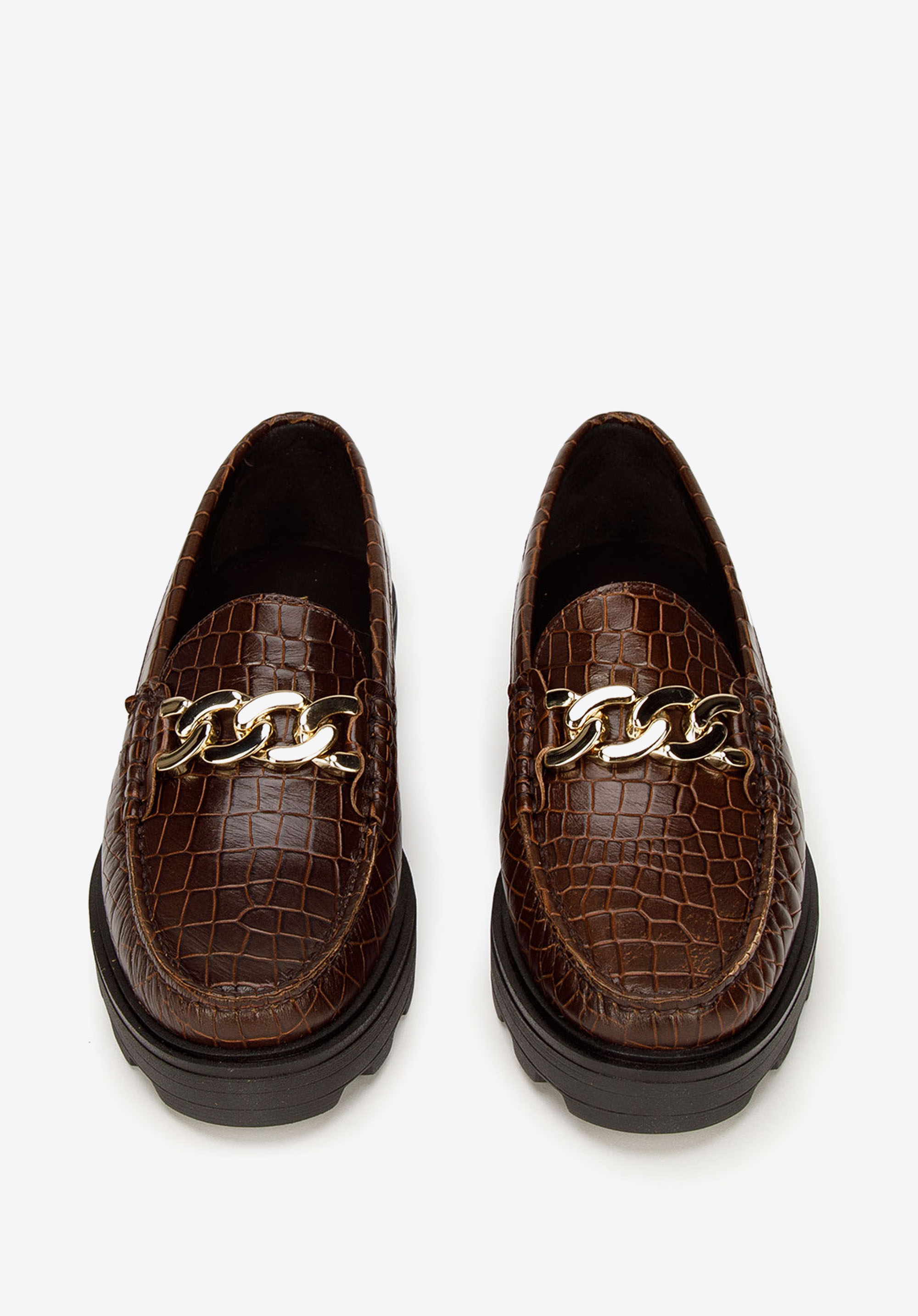 Damskie mokasyny skórzane z łańcuchem i na grubej podeszwie