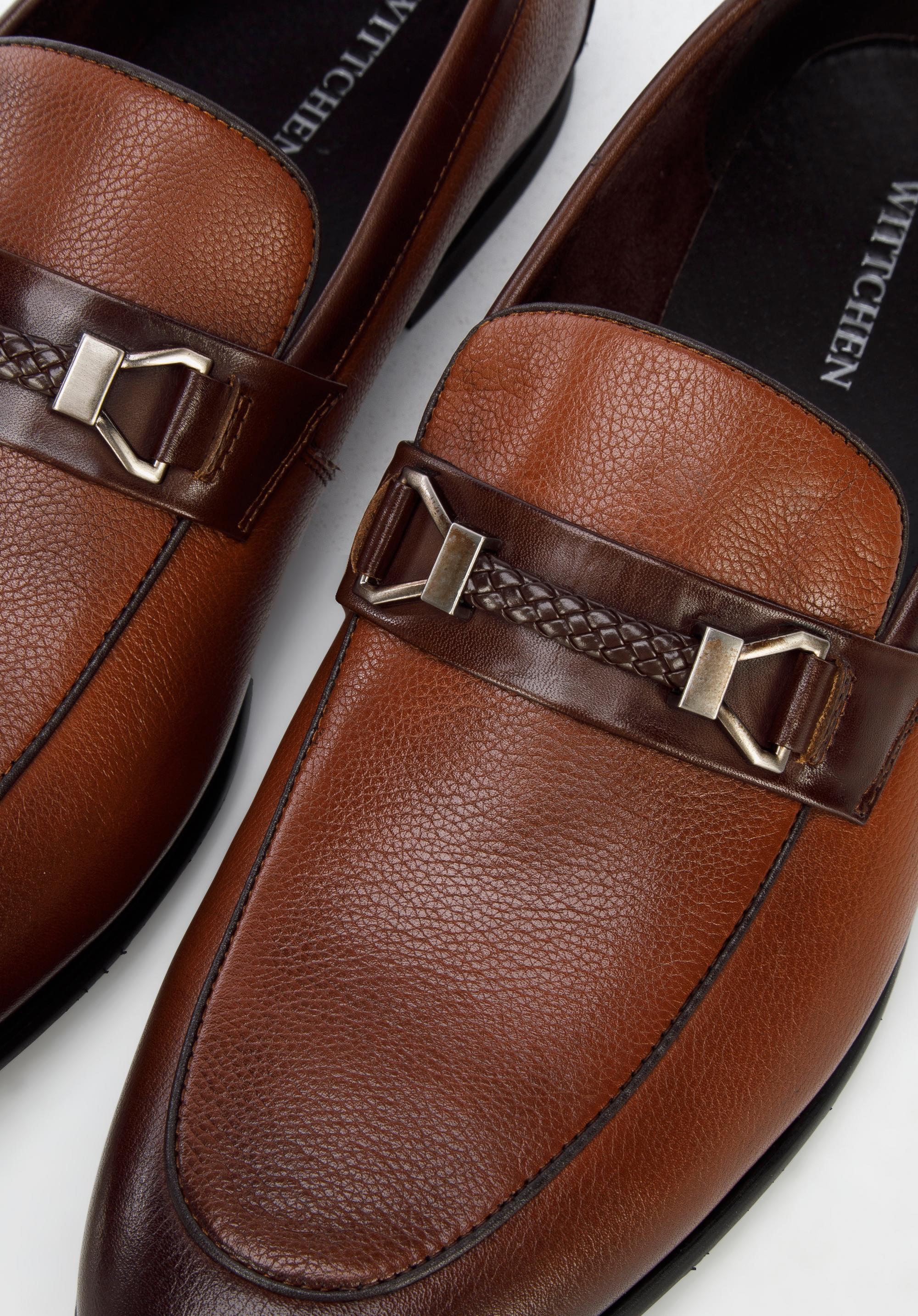 Męskie mokasyny skórzane z klamerką i plecionką