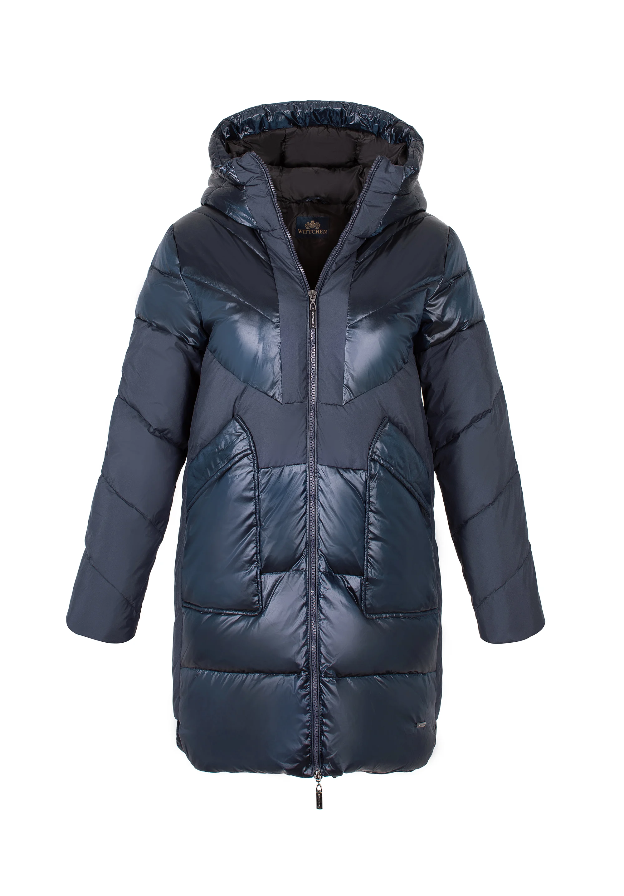 Damski płaszcz puchowy z łączonych materiałów z kapturem