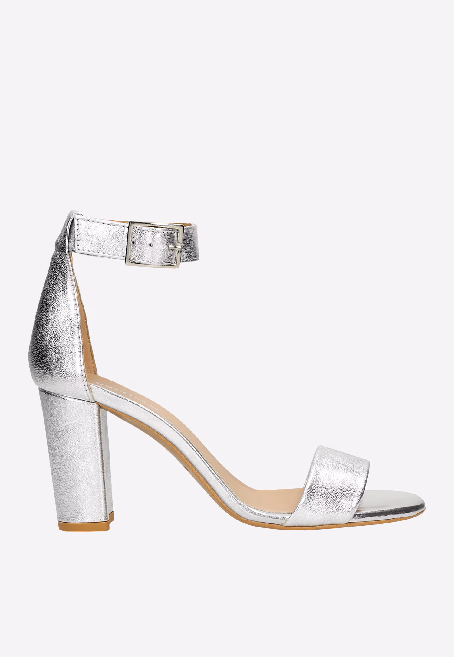 Zjawiskowe srebrne skórzane sandały na obcasie